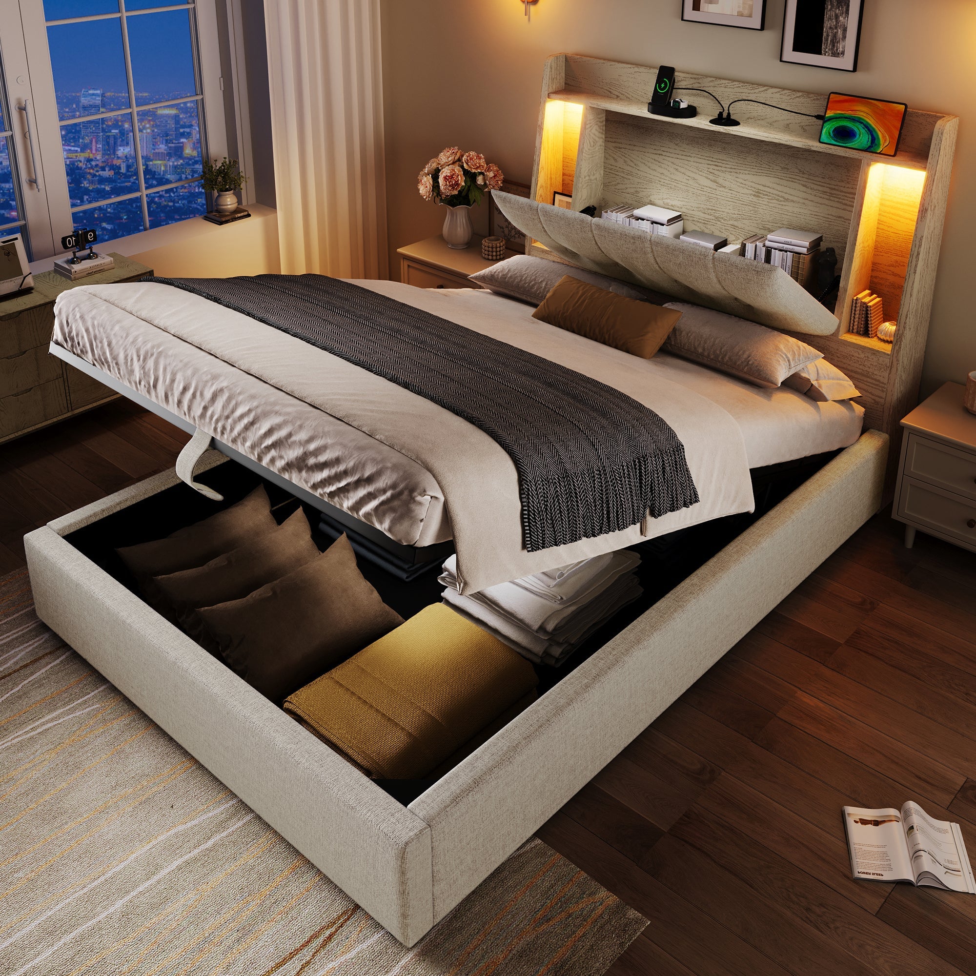 Logidon gestoffeerd bed 90x200 beige linnenlook USB C oplaadfunctie LED