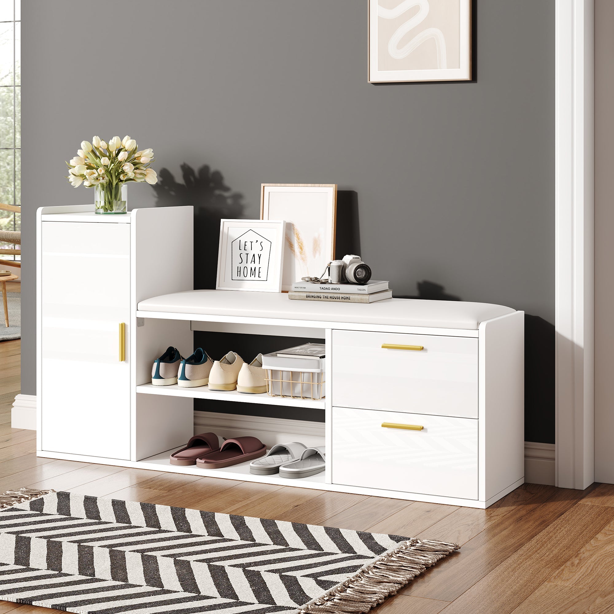 Logidon schoenenbank wit hoogglans 128x30x68 cm met 2 lades