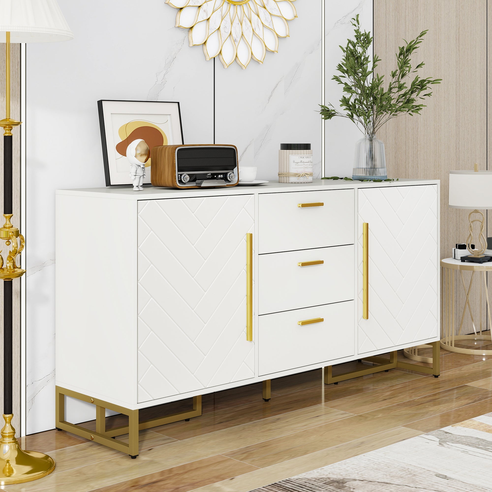 Logidon dressoir wit visgraatpatroon 145x40x75 cm 3 lades