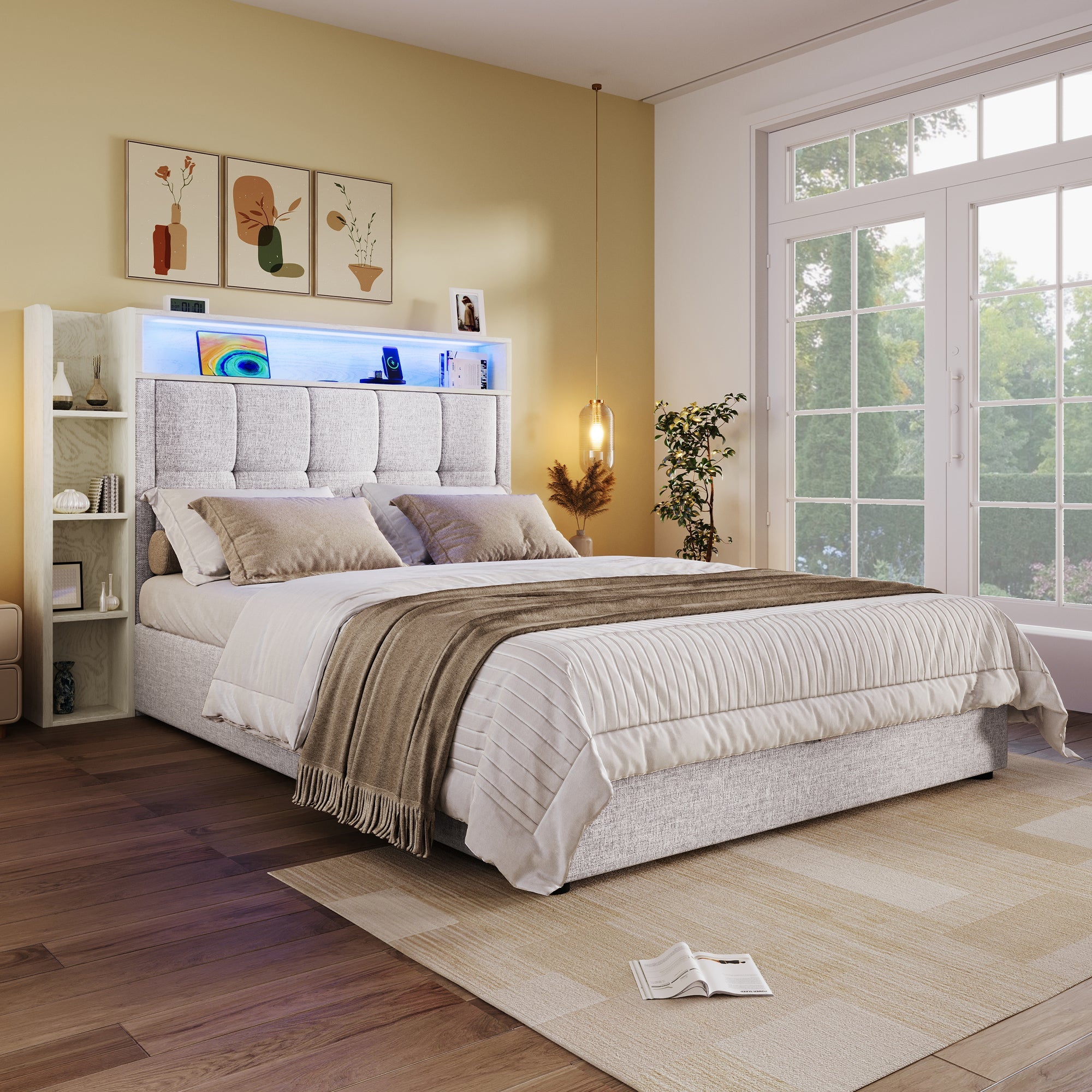 Logidon gestoffeerd bed 90x200 cm beige USB C oplaadfunctie opbergruimte