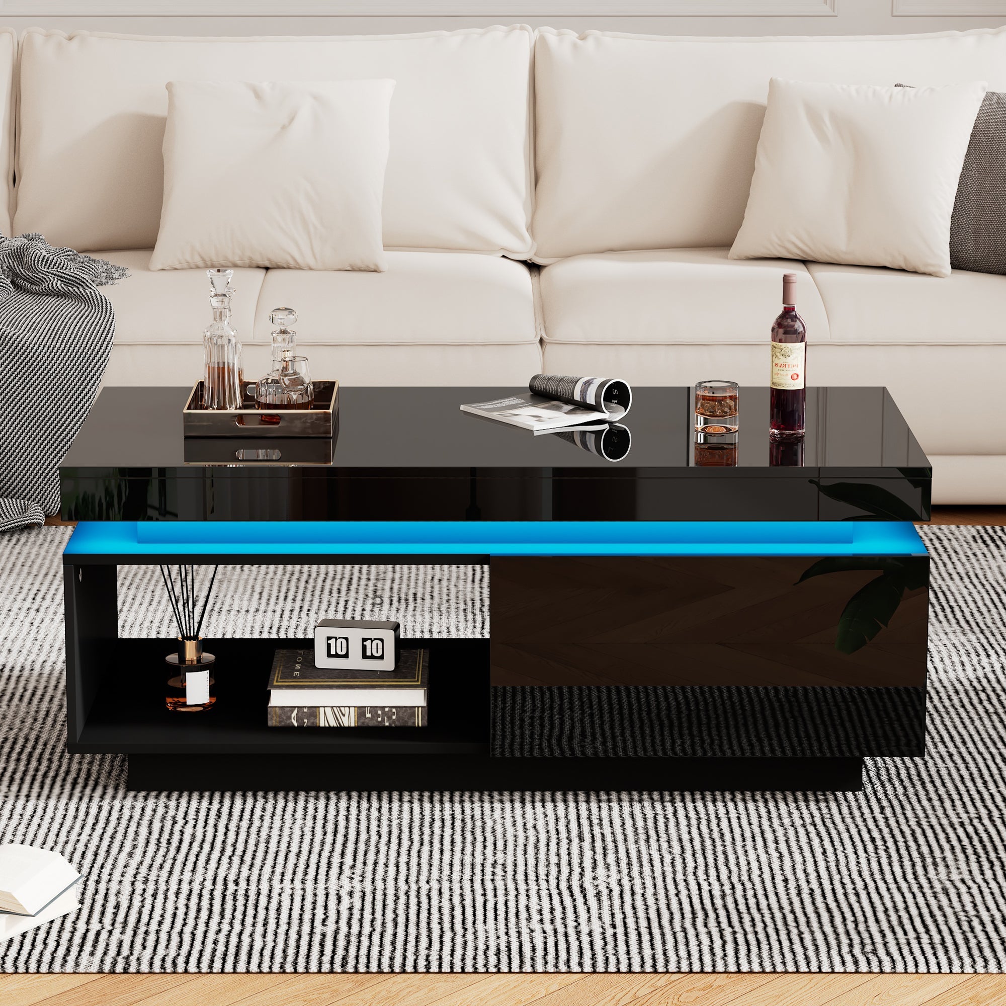 Logidon hoogglans salontafel zwart met LED verlichting 100x50x40 cm