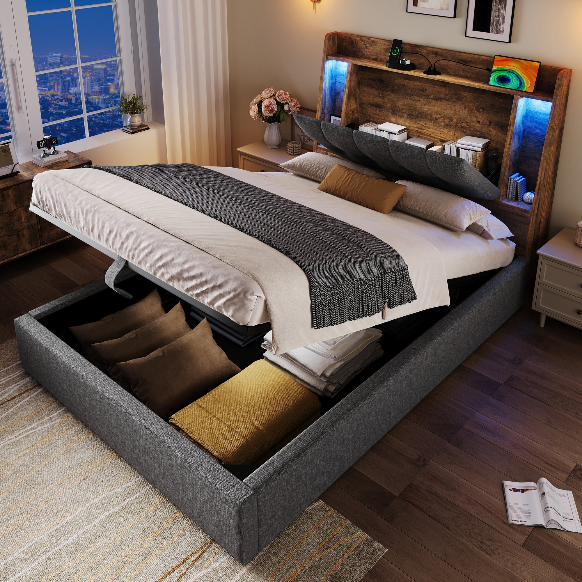Logidon gestoffeerd bed 90x200 grijs met USB TypeC oplaadfunctie