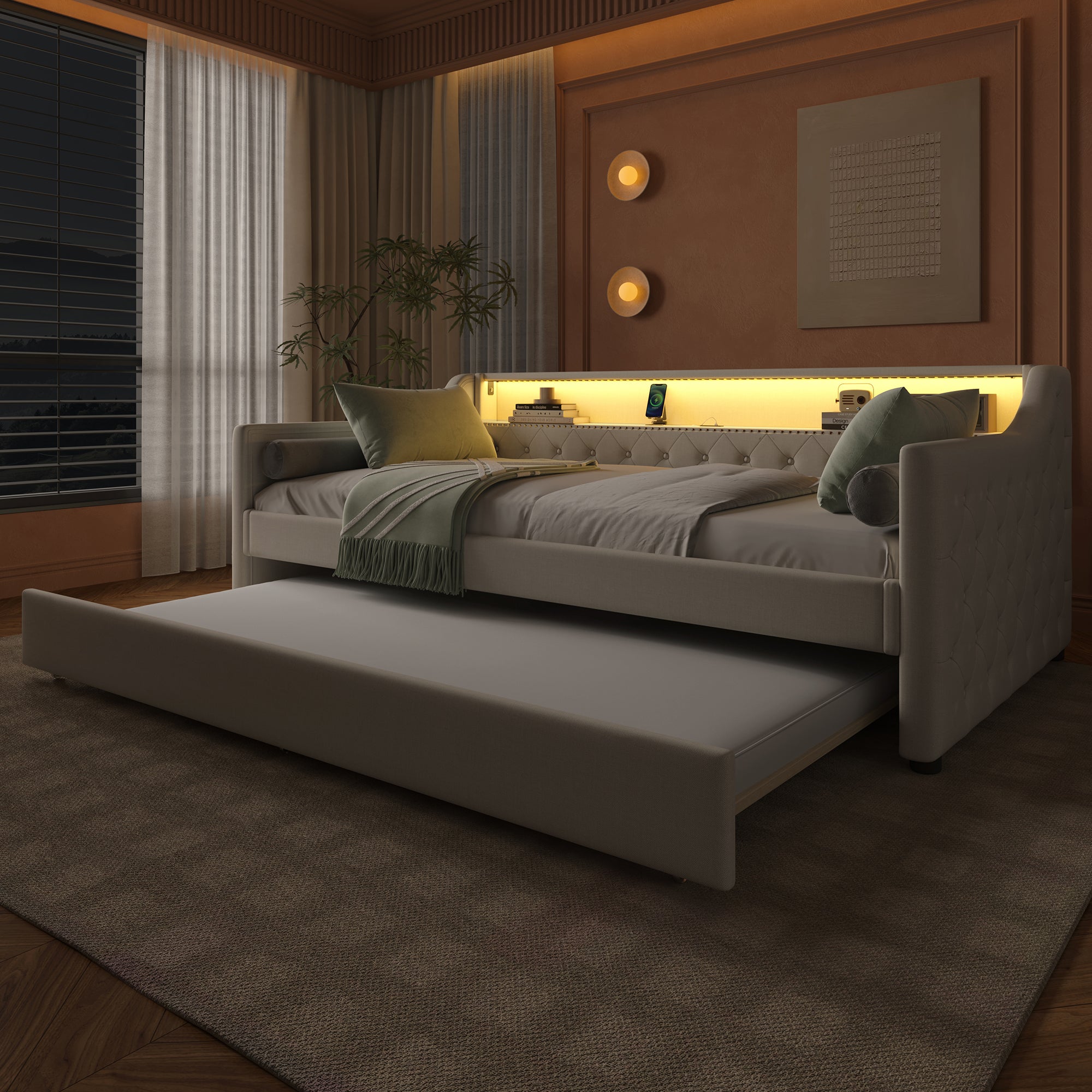 Logidon Daybed 90x200 beige linnen slaapbank LED USB lattenbodem
