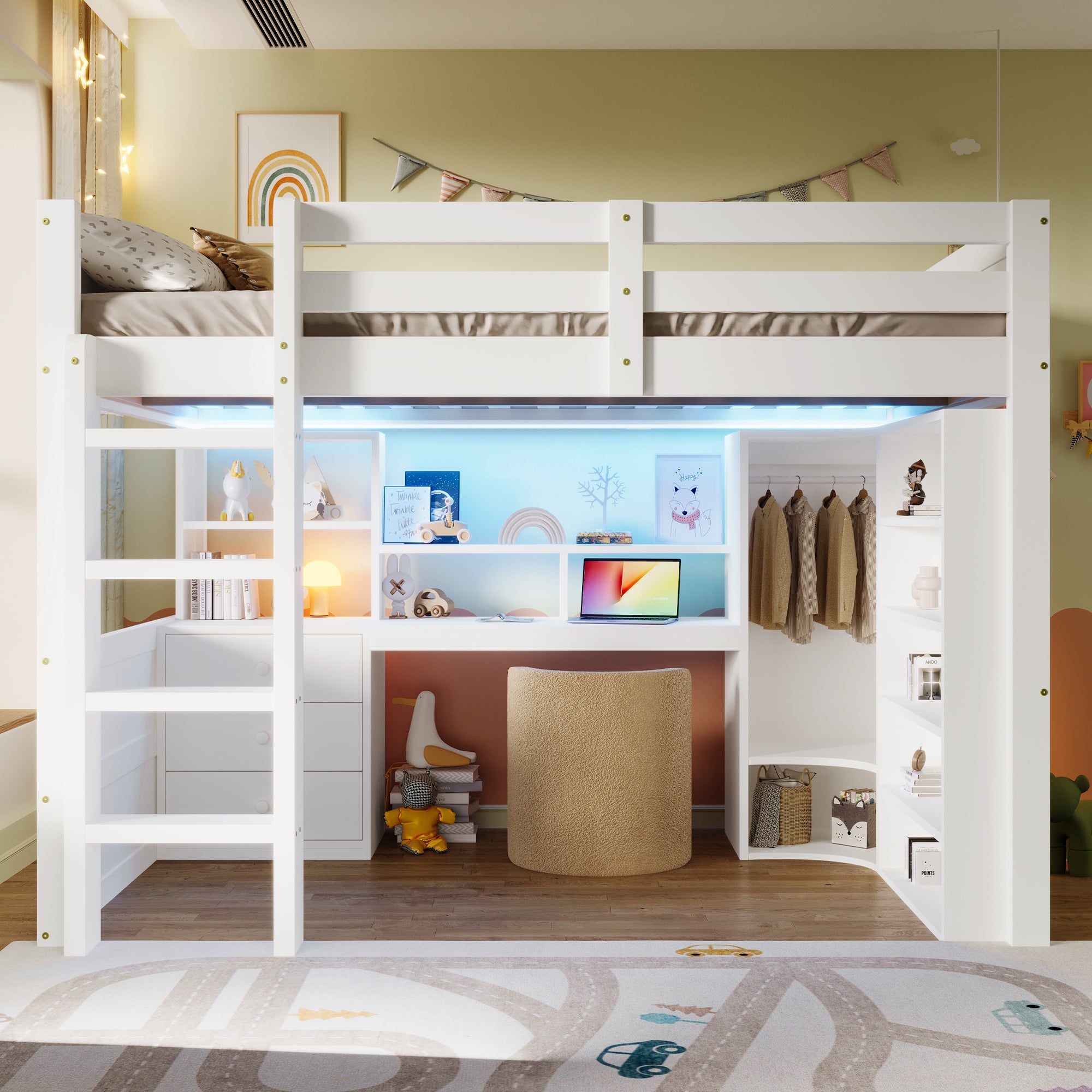 Logidon hoogslaper, 140x200cm, met LED verlichting, kledingkast, bureau, lades, opbergvakken, zonder matras, wit