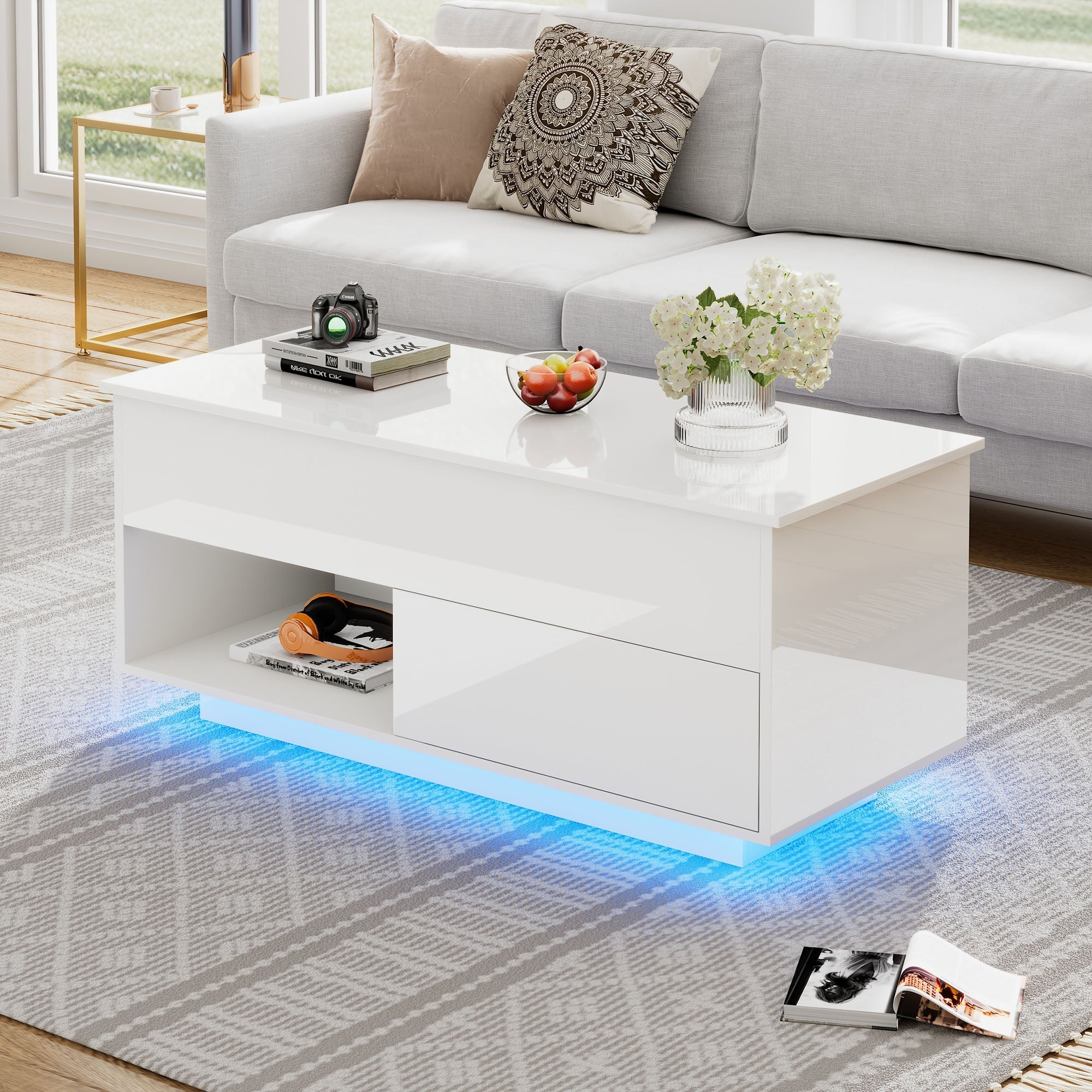 Logidon hoogglans hefsalontafel 100 x 50 cm witte LED-verlichting