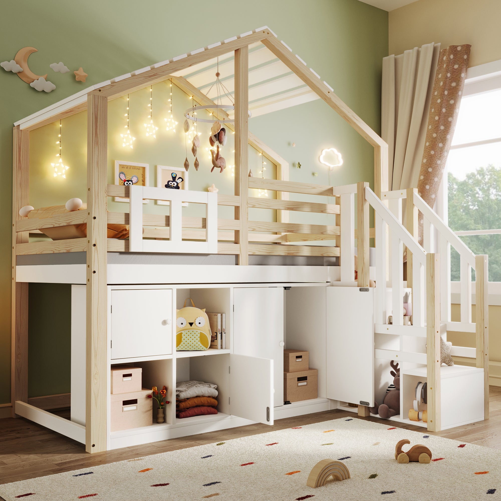 Logidon hoogslaper 90x200 cm huisvorm met opbergruimte wit en naturel