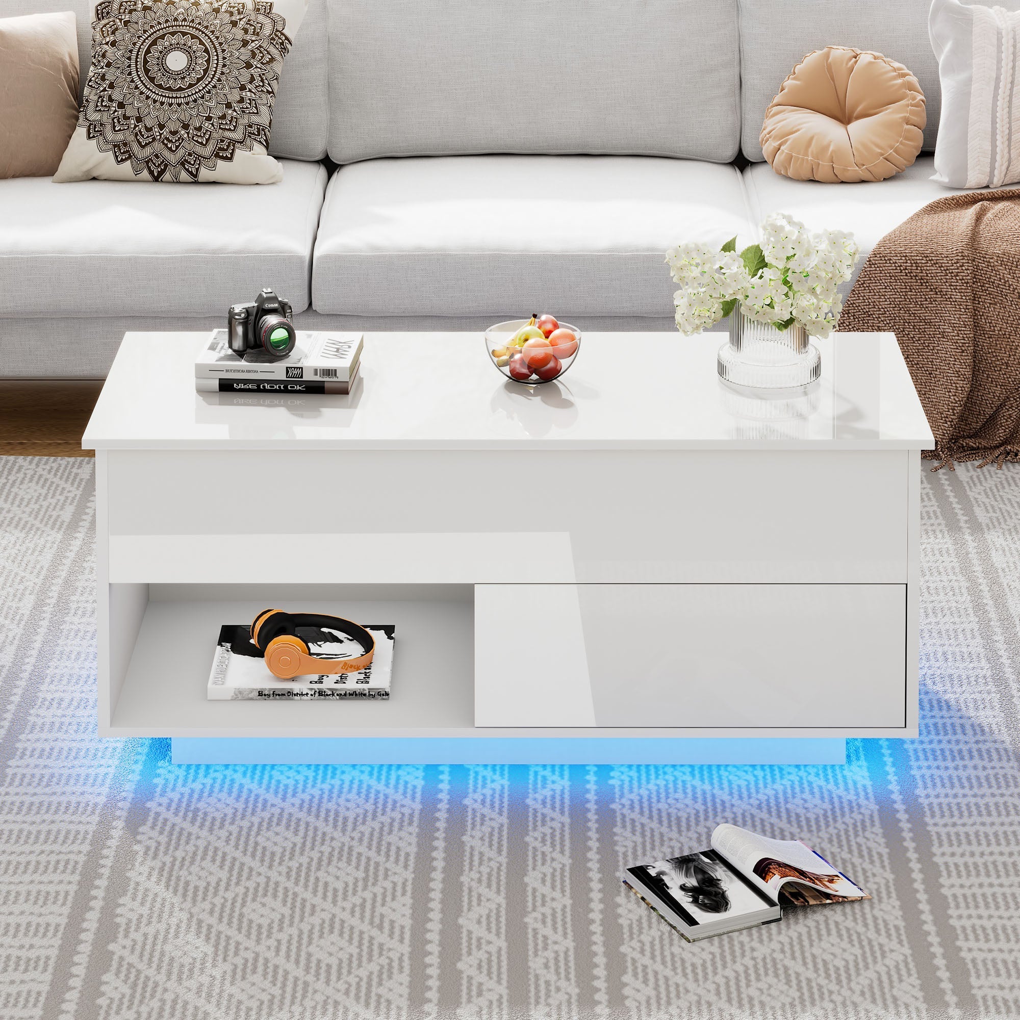 Logidon hoogglans hefsalontafel 100 x 50 cm witte LED-verlichting