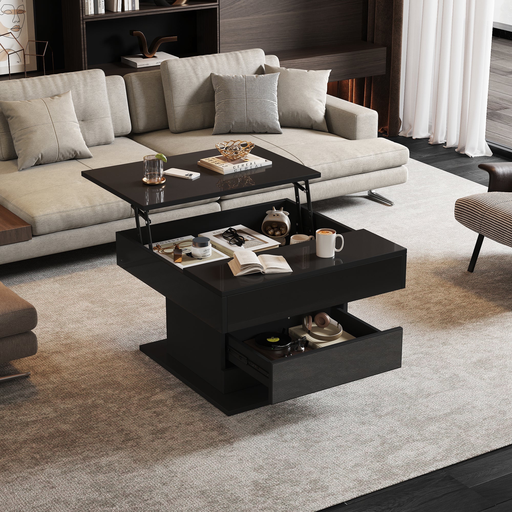 Logidon Salontafel 70x70 cm met draaibaar blad en lade zwart