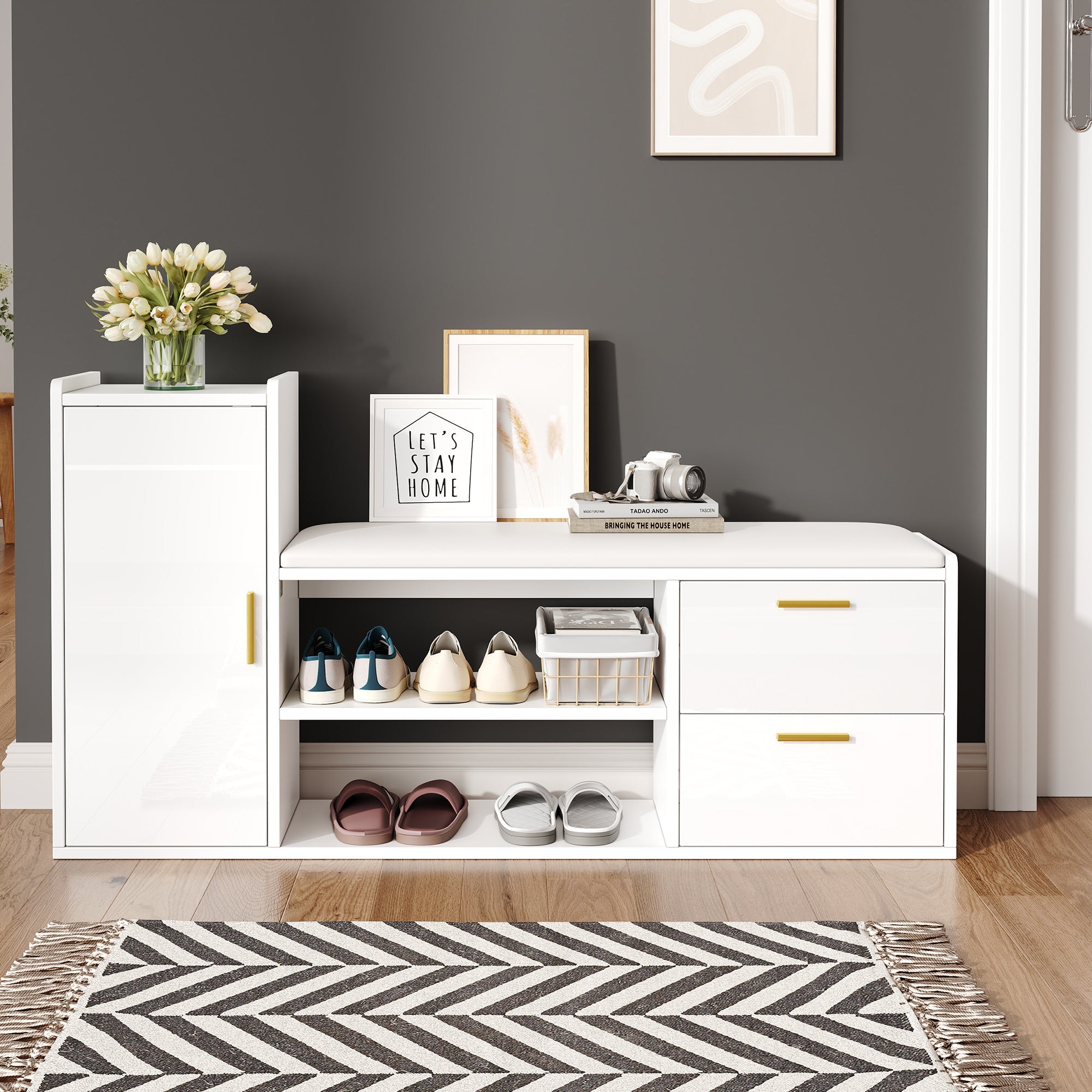 Logidon schoenenbank wit hoogglans 128x30x68 cm met 2 lades