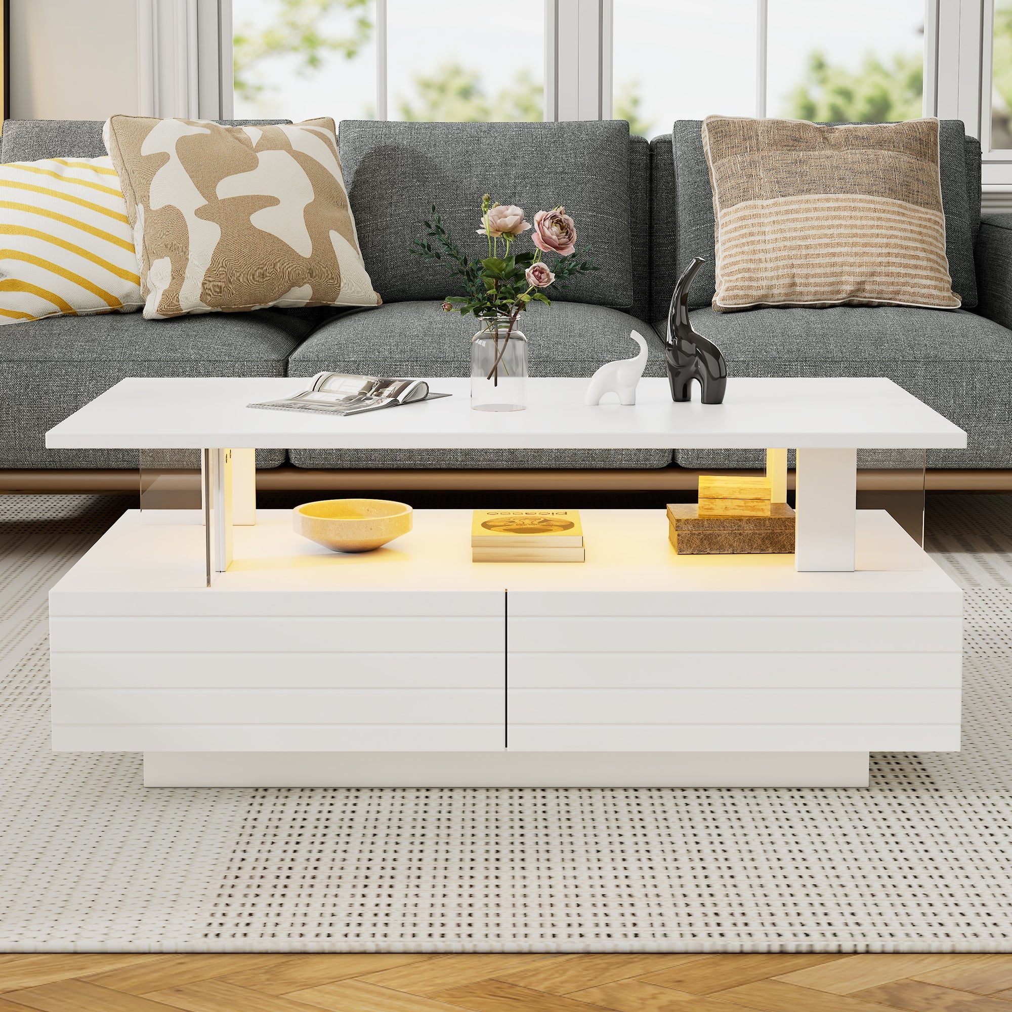 Logidon Witte LED Salontafel met Opbergruimte Bluetooth App Bediening 100x50x42 Cm