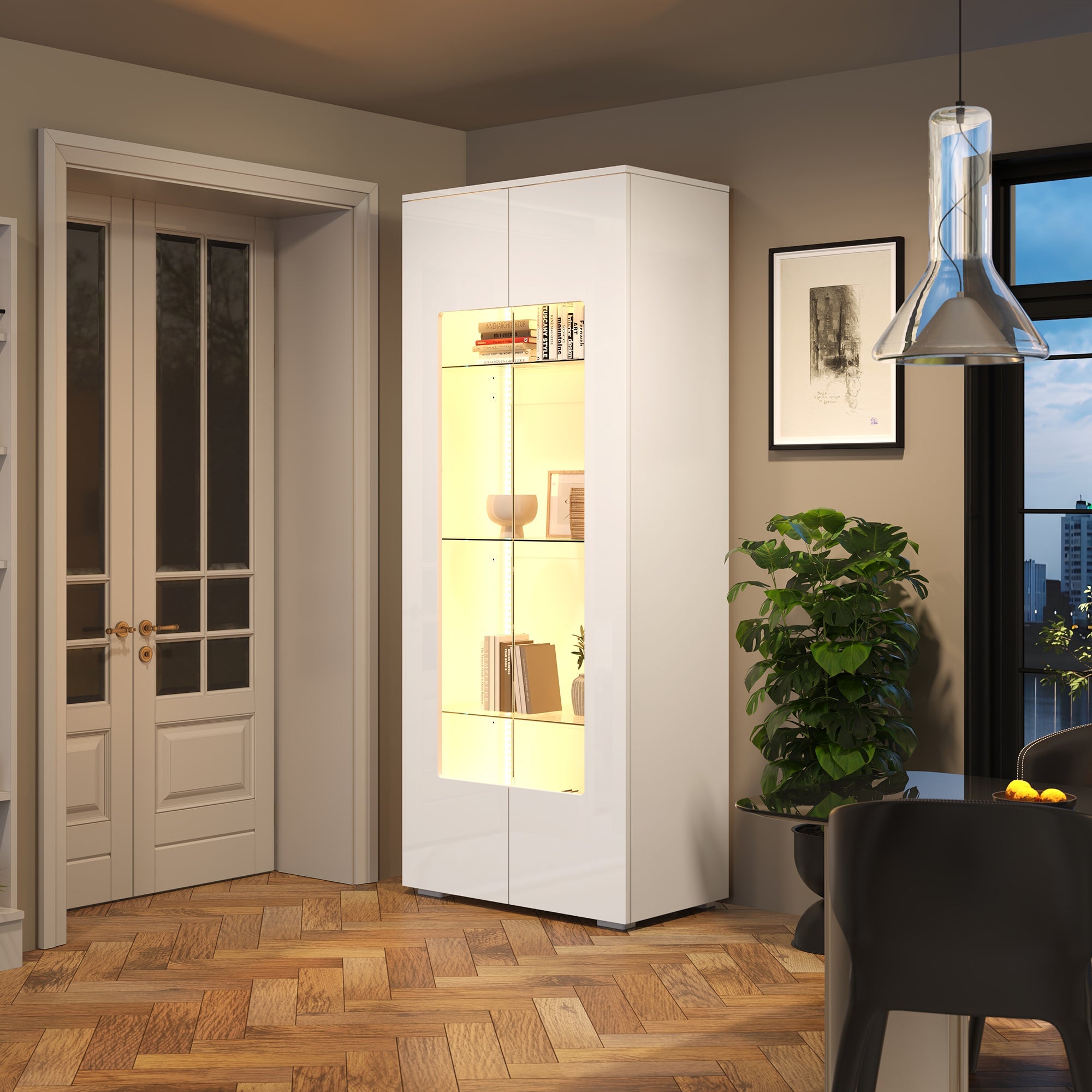 Logidon hoogglans vitrinekast 70x40x173 cm wit met LED-verlichting