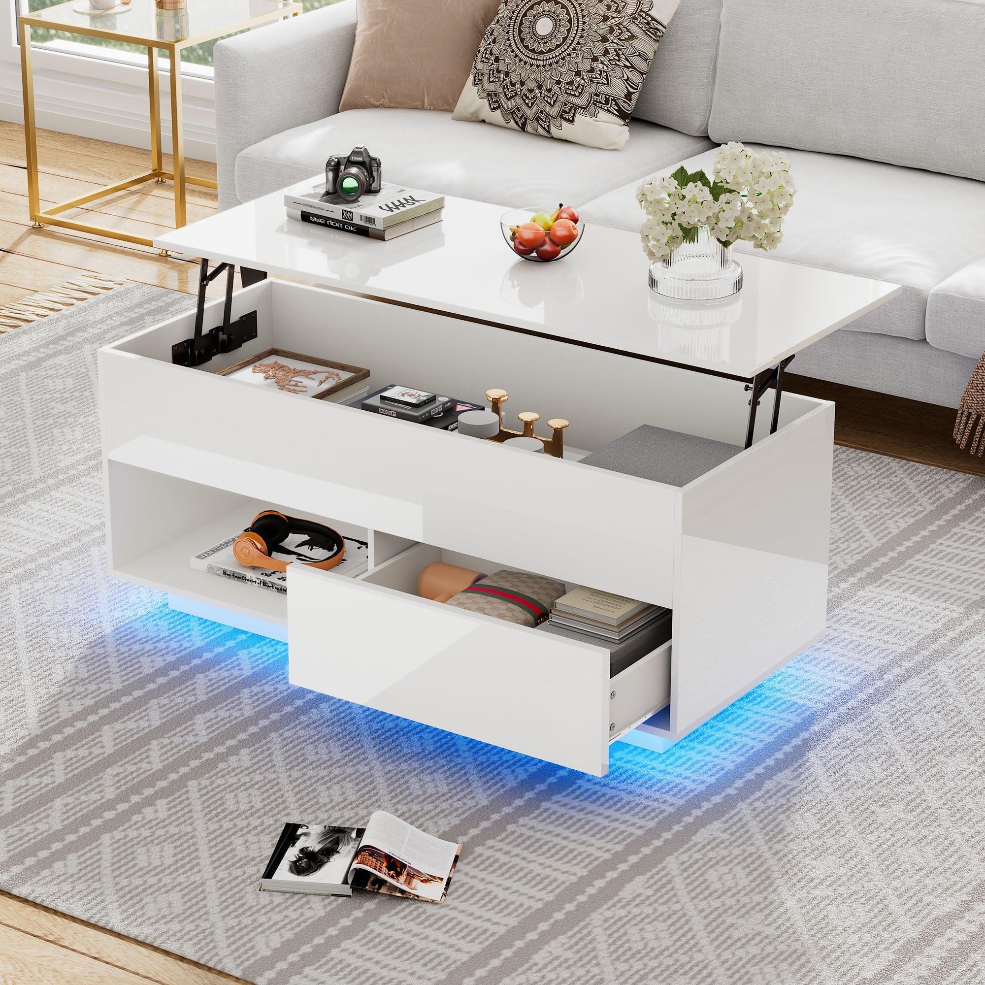 Logidon hoogglans hefsalontafel 100 x 50 cm witte LED-verlichting