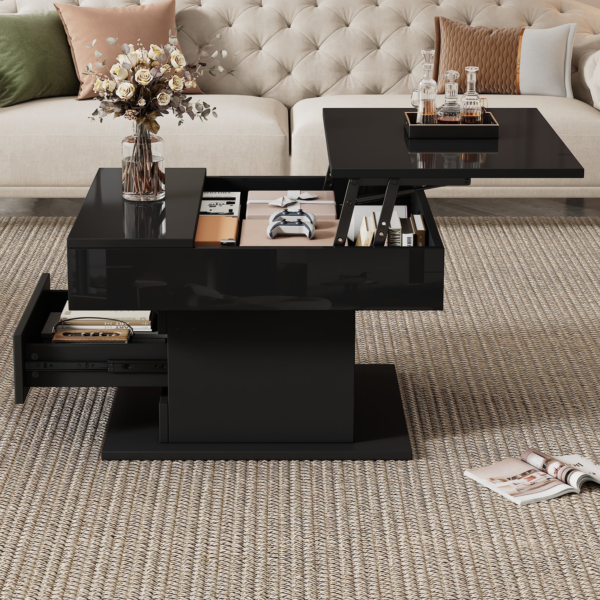 Logidon Salontafel 70x70 cm met draaibaar blad en lade zwart