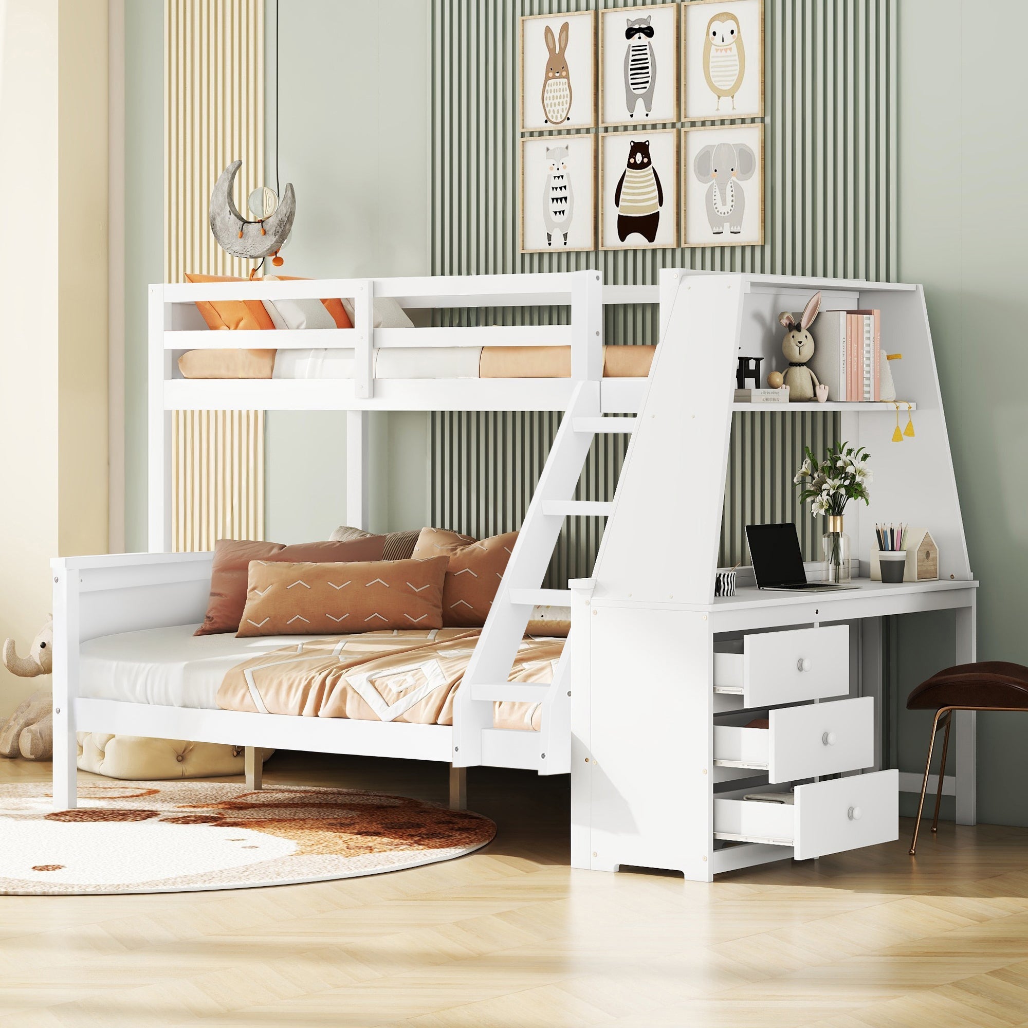 Logidon Bunk Bed 90x200 and 140x200 with Table and Storage Space White