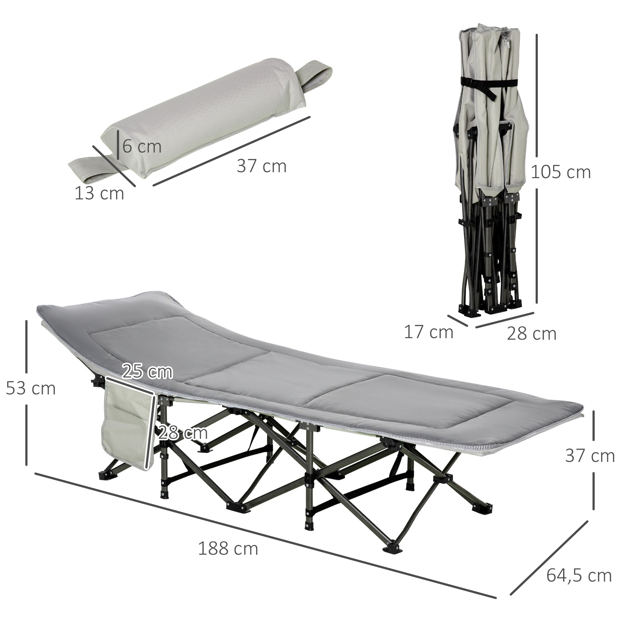 Logidon opklapbaar campingbedje met kussen lichtgrijs 188x64x53 cm