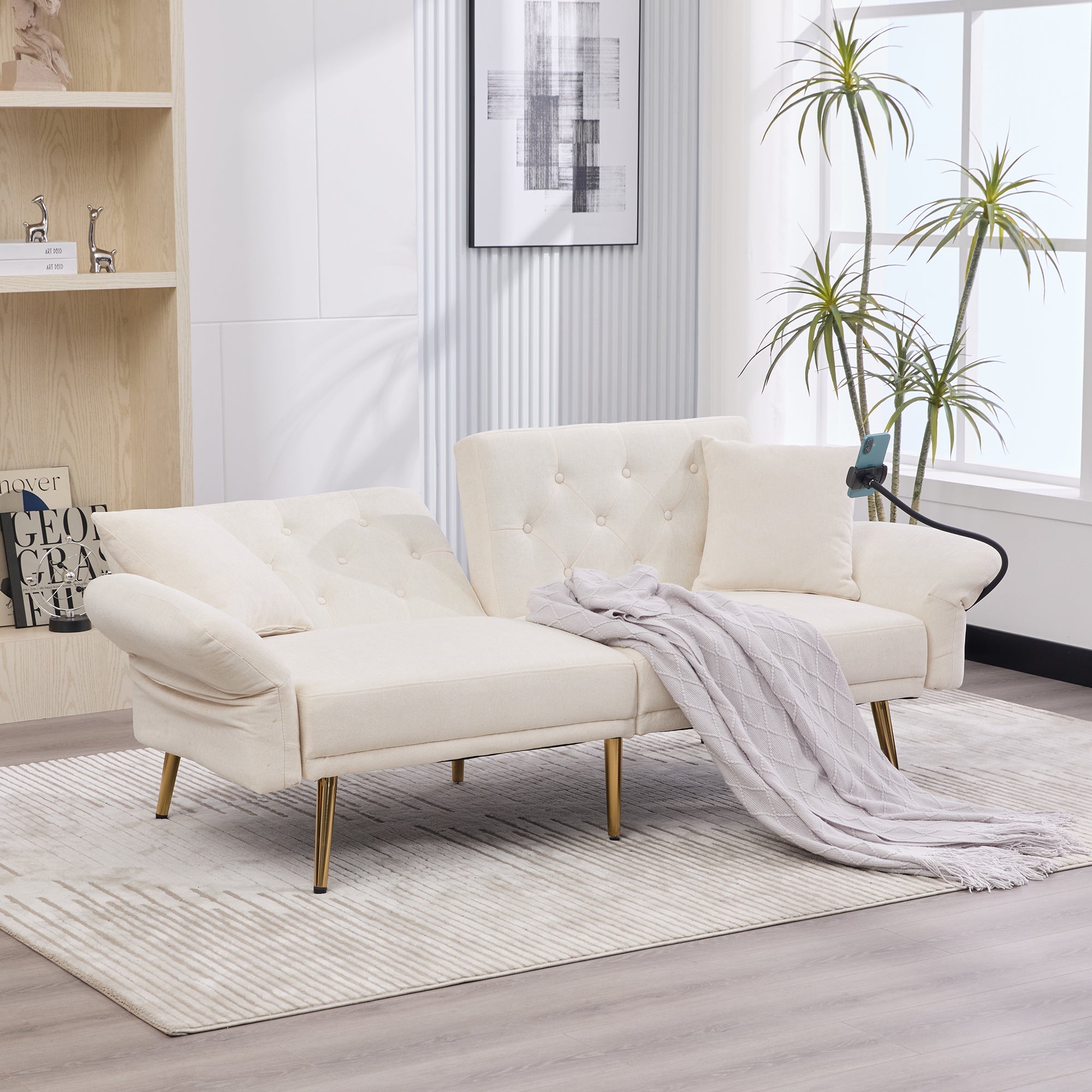 Logidon slaapbank tweezits beige fluweel met verstelbare rugleuning USB