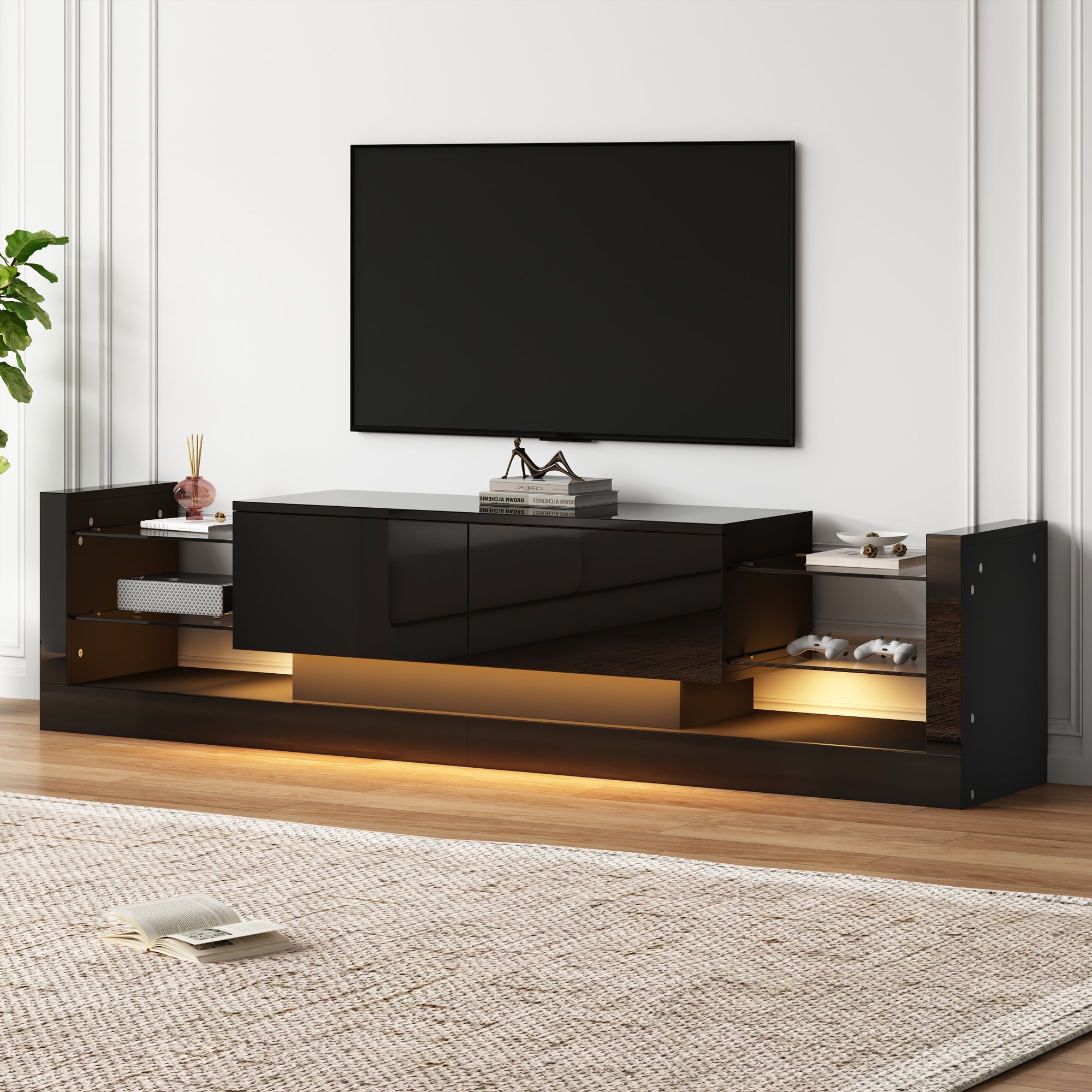 Logidon high-gloss TV cabinet 181 cm LED lighting black glass front