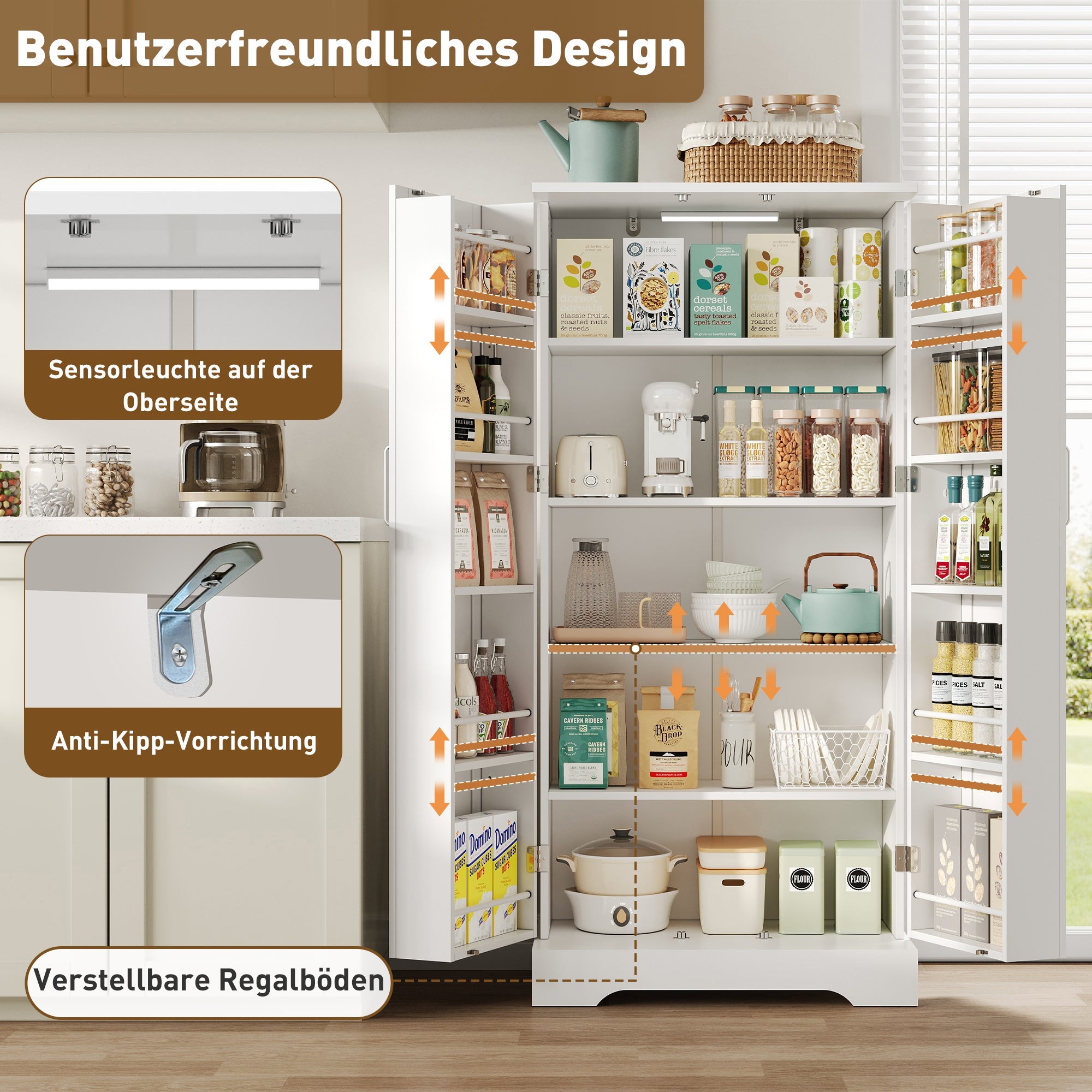 Logidon 60x35x128cm witte keukenkast LED-sensorlicht verstelbare planken