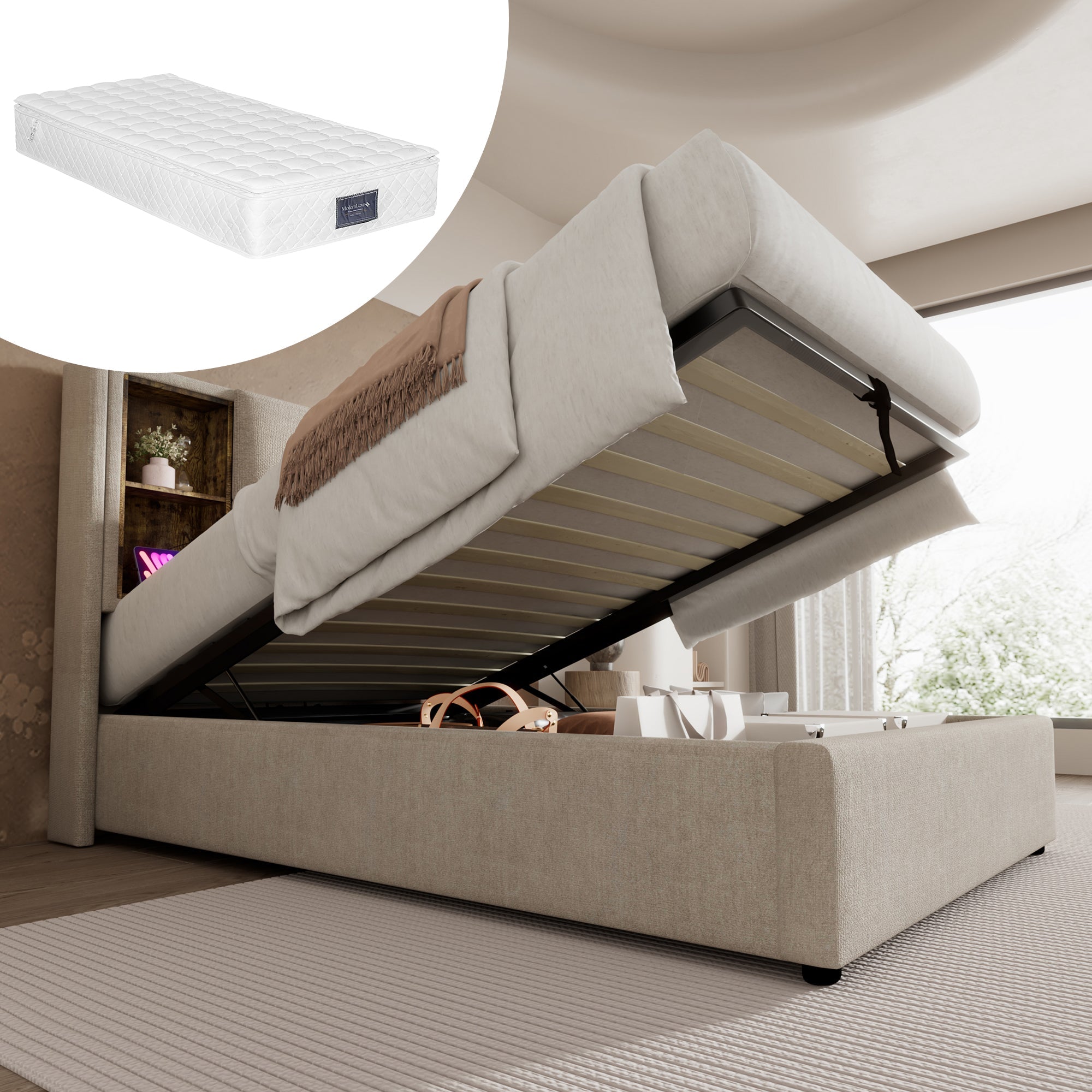 Logidon eenpersoonsbed 90x200 met draadloos opladen USB C en opbergruimte