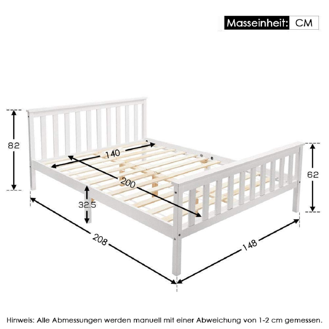 Logidon tweepersoonsbed 140 x 200 cm massief hout wit elegant design