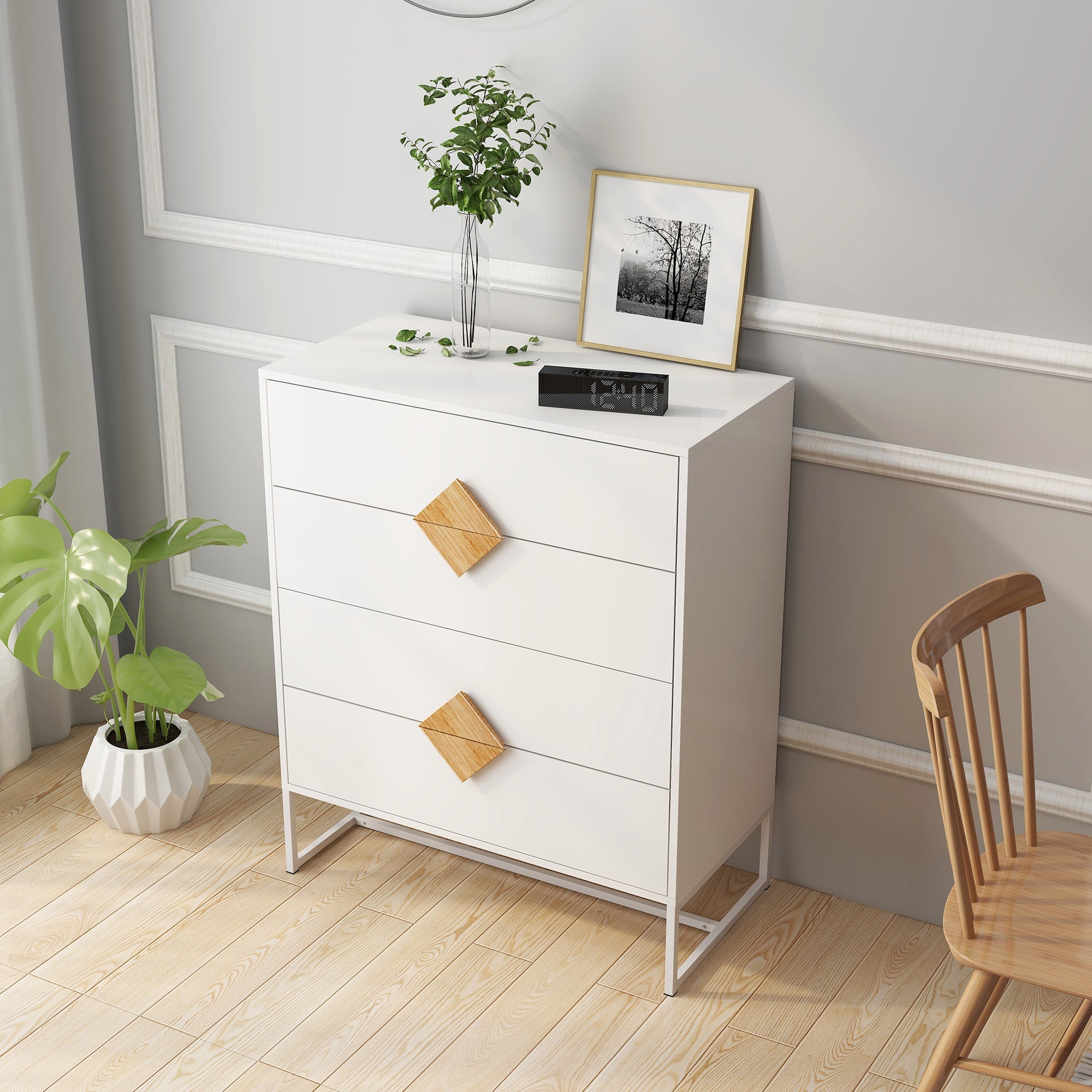 Logidon White Chest of Drawers with Four Drawers and Square Handles