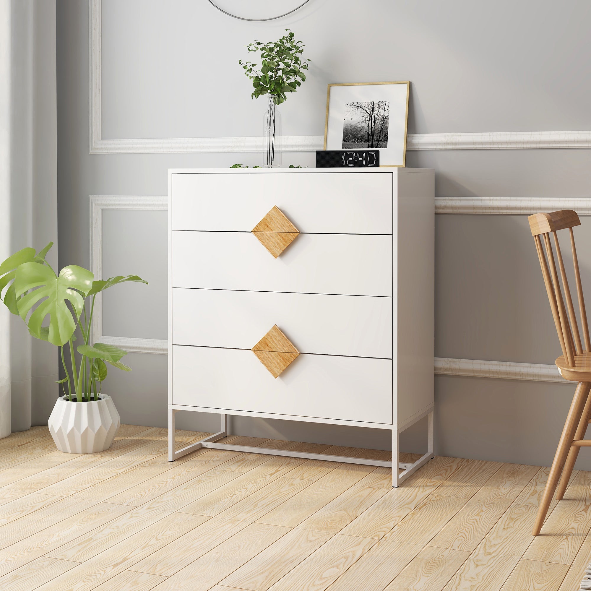 Logidon White Chest of Drawers with Four Drawers and Square Handles