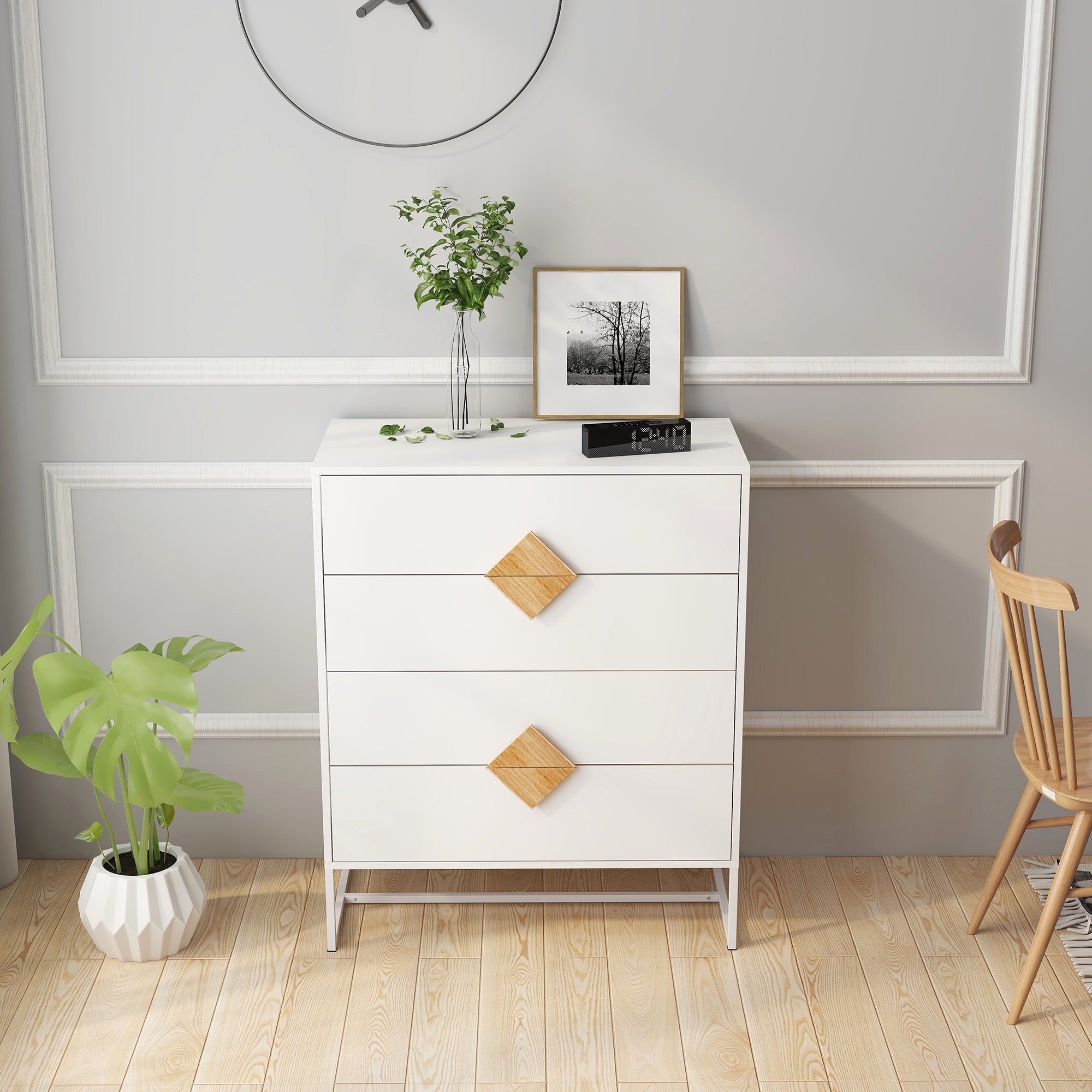 Logidon White Chest of Drawers with Four Drawers and Square Handles