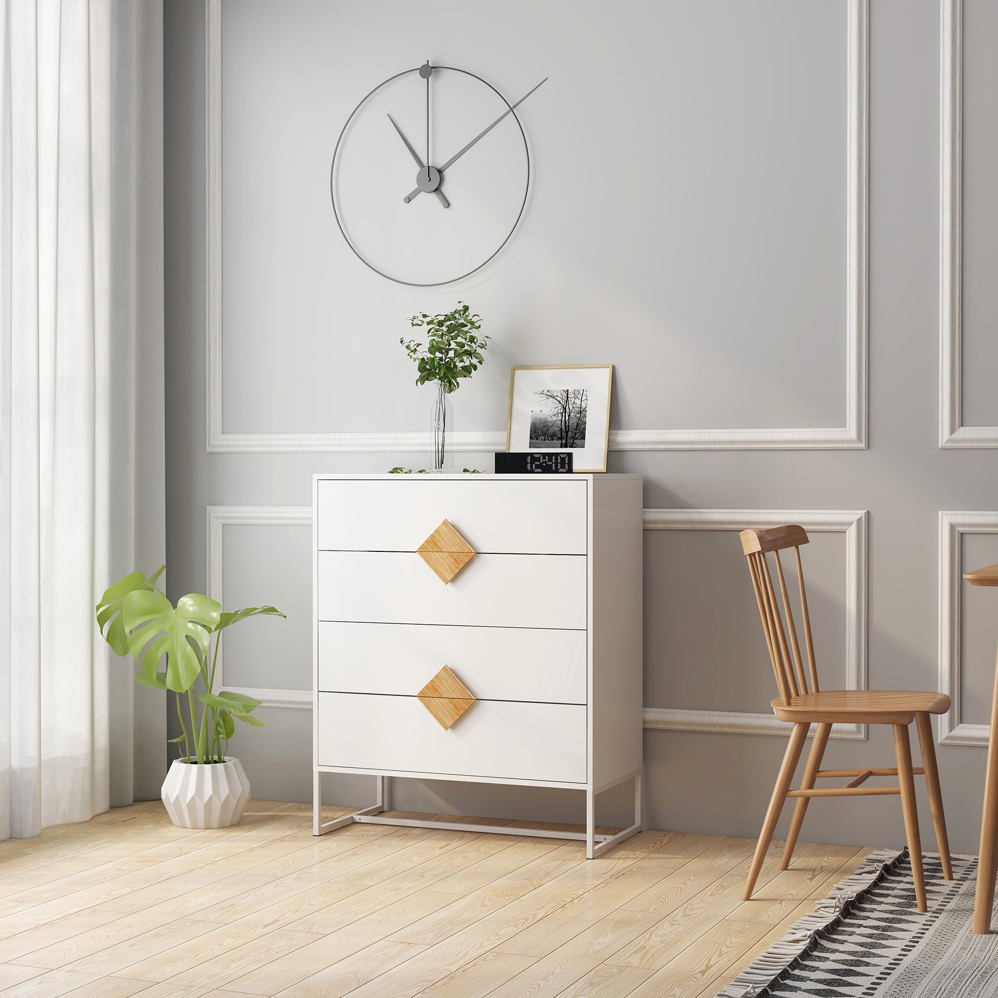 Logidon White Chest of Drawers with Four Drawers and Square Handles