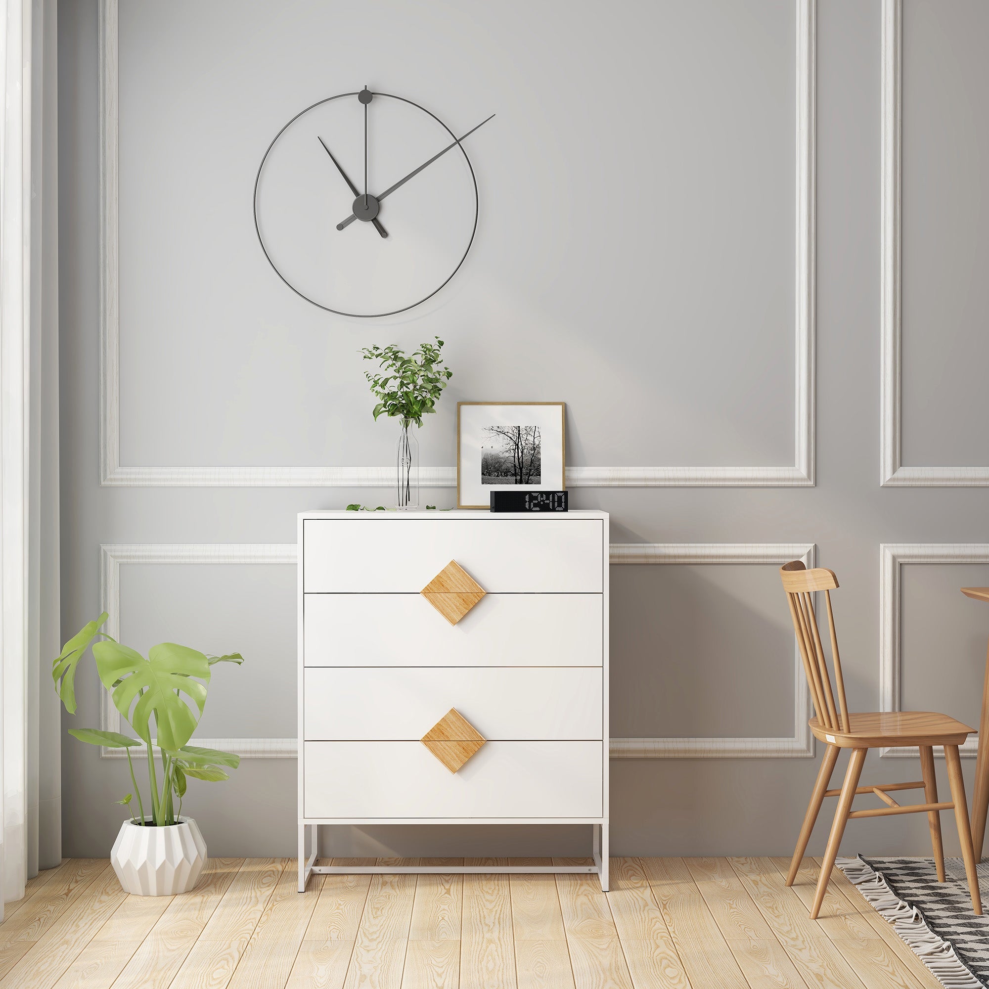 Logidon White Chest of Drawers with Four Drawers and Square Handles