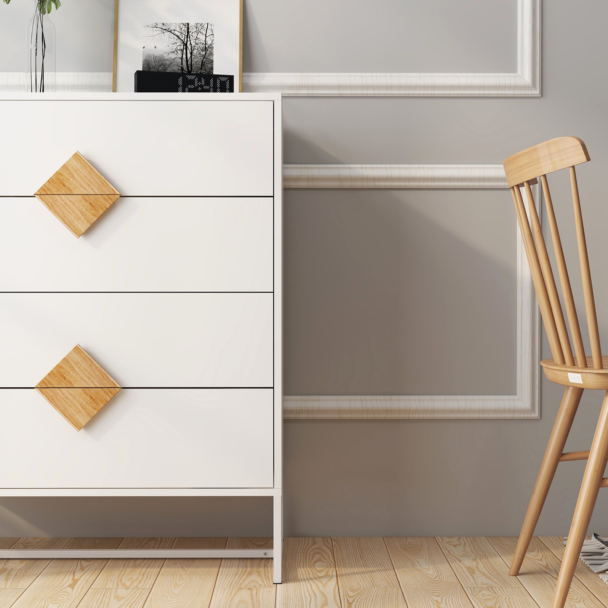 Logidon White Chest of Drawers with Four Drawers and Square Handles