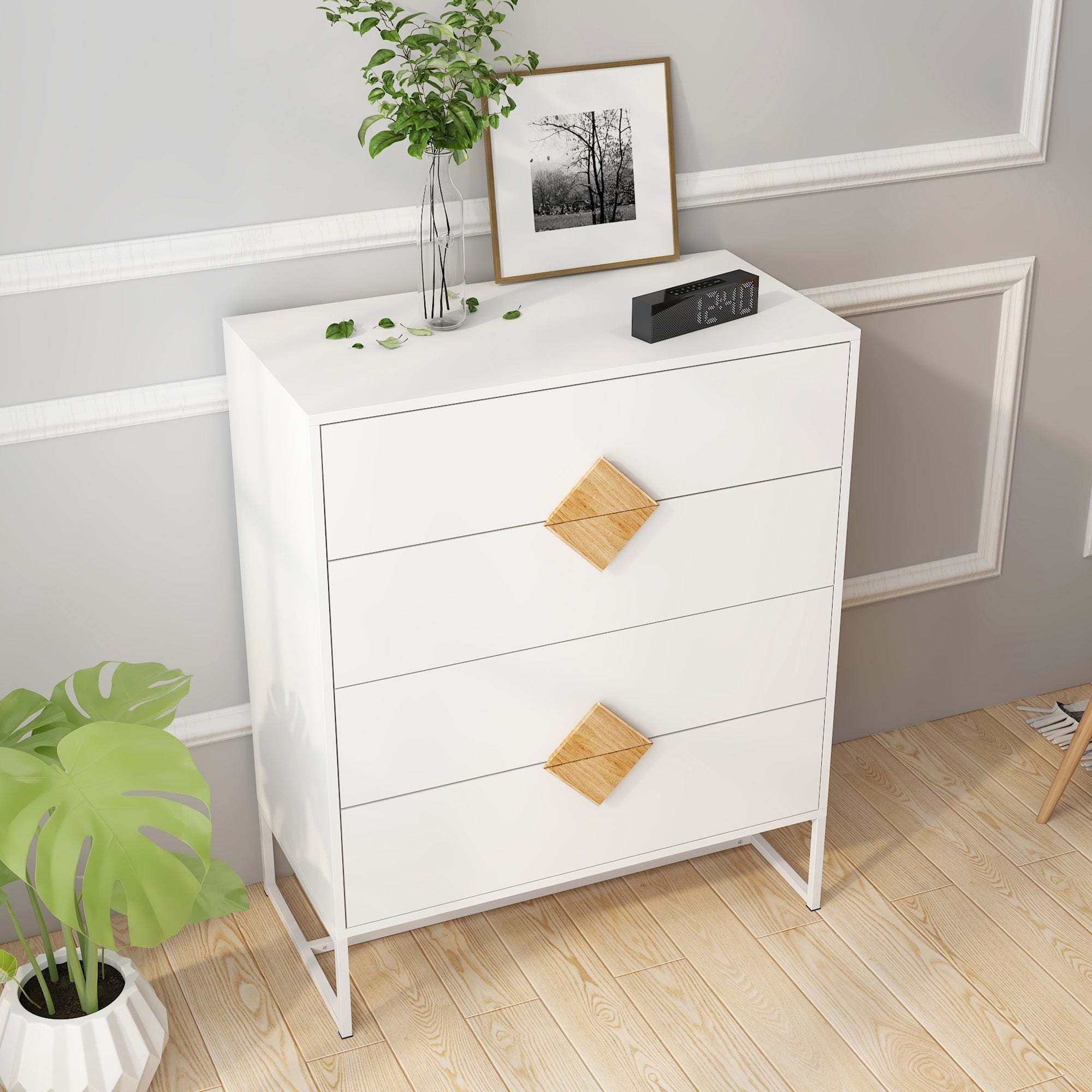 Logidon White Chest of Drawers with Four Drawers and Square Handles