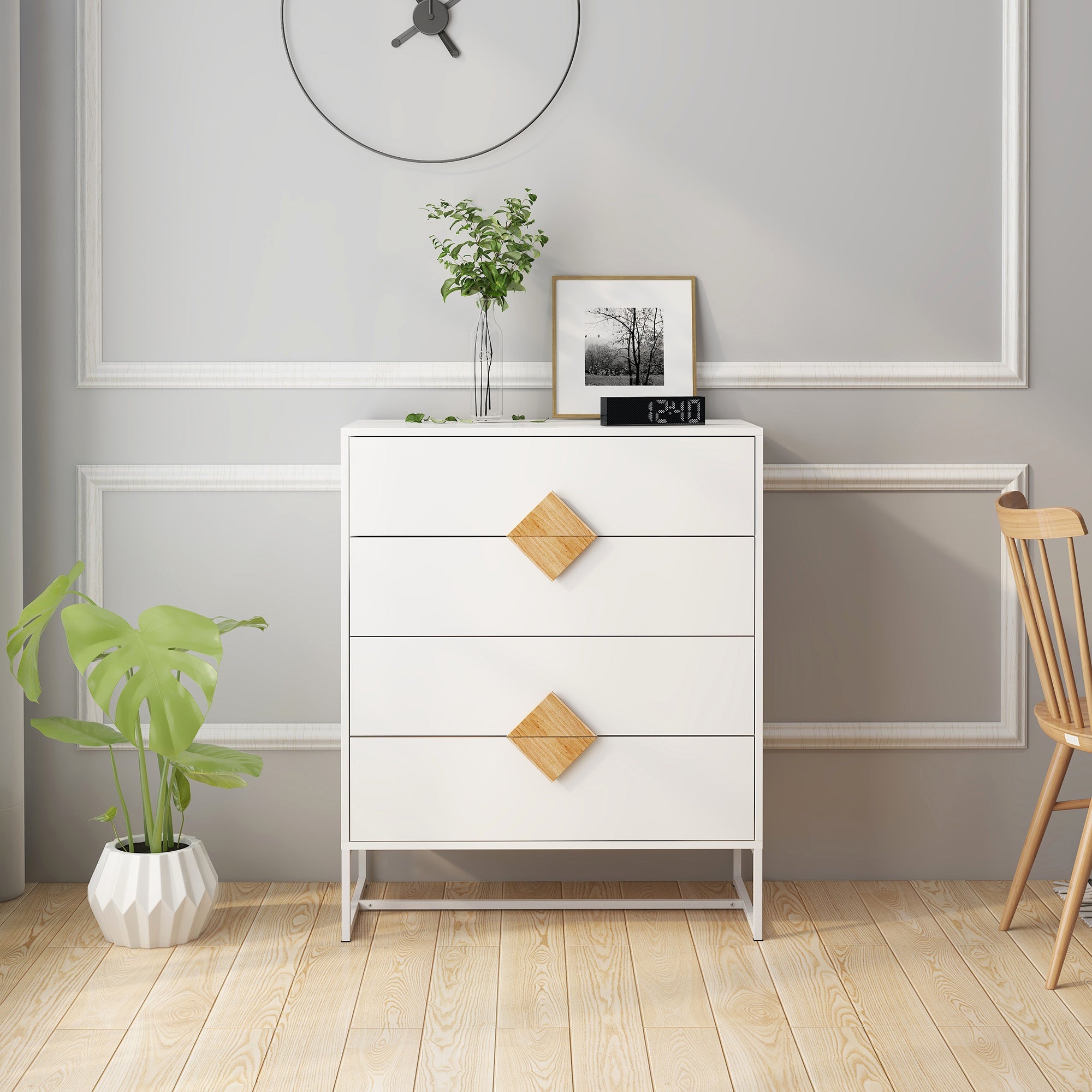 Logidon White Chest of Drawers with Four Drawers and Square Handles