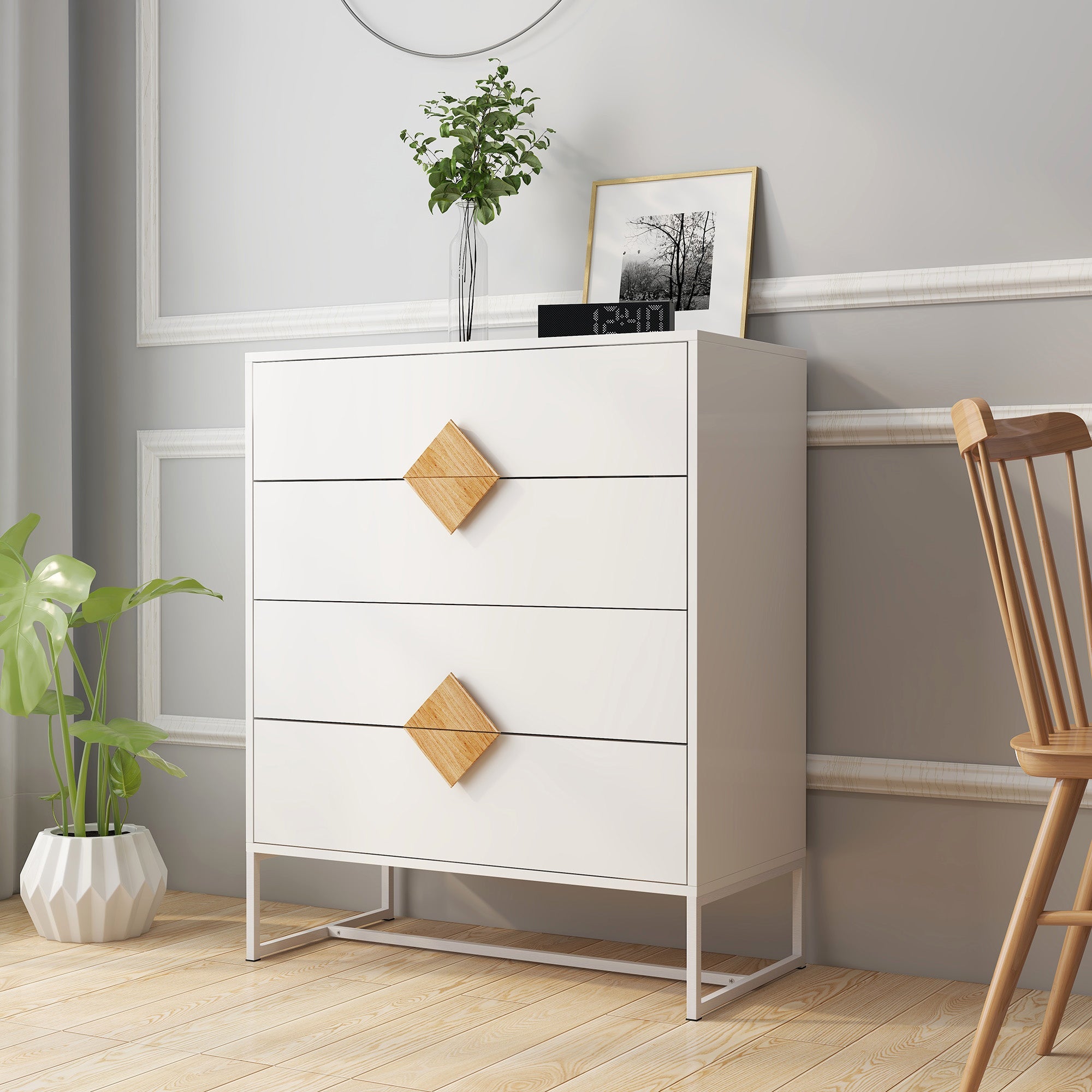 Logidon White Chest of Drawers with Four Drawers and Square Handles