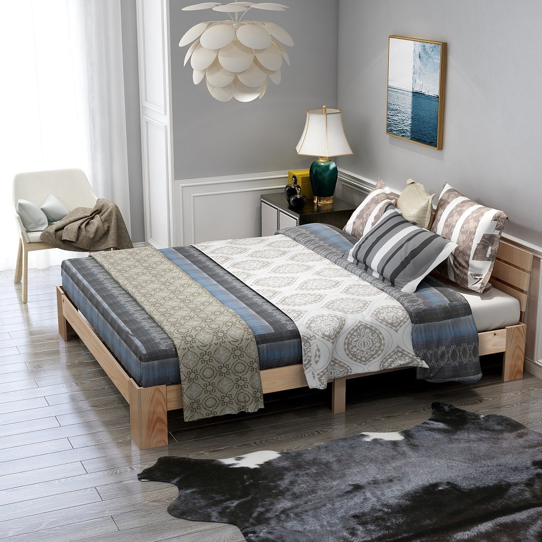 Logidon massief houten tweepersoonsbed 140x200 naturel hoofdbord lattenbodem