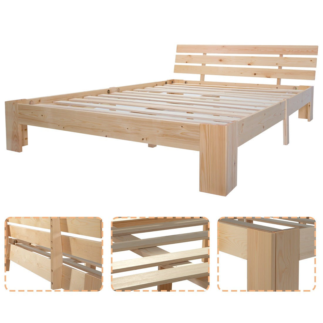 Logidon massief houten tweepersoonsbed 140x200 naturel hoofdbord lattenbodem