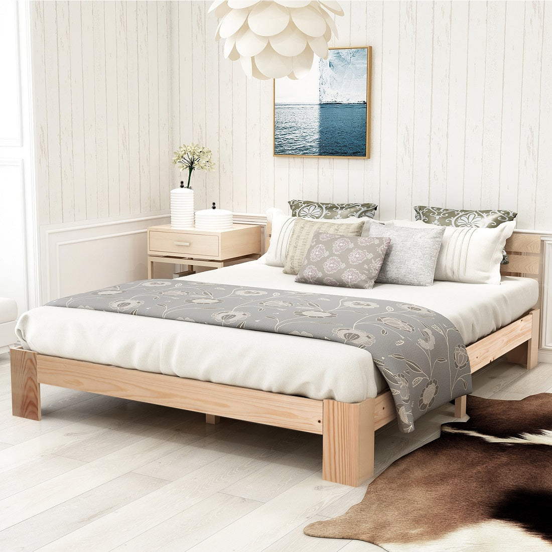 Logidon massief houten tweepersoonsbed 140x200 naturel hoofdbord lattenbodem
