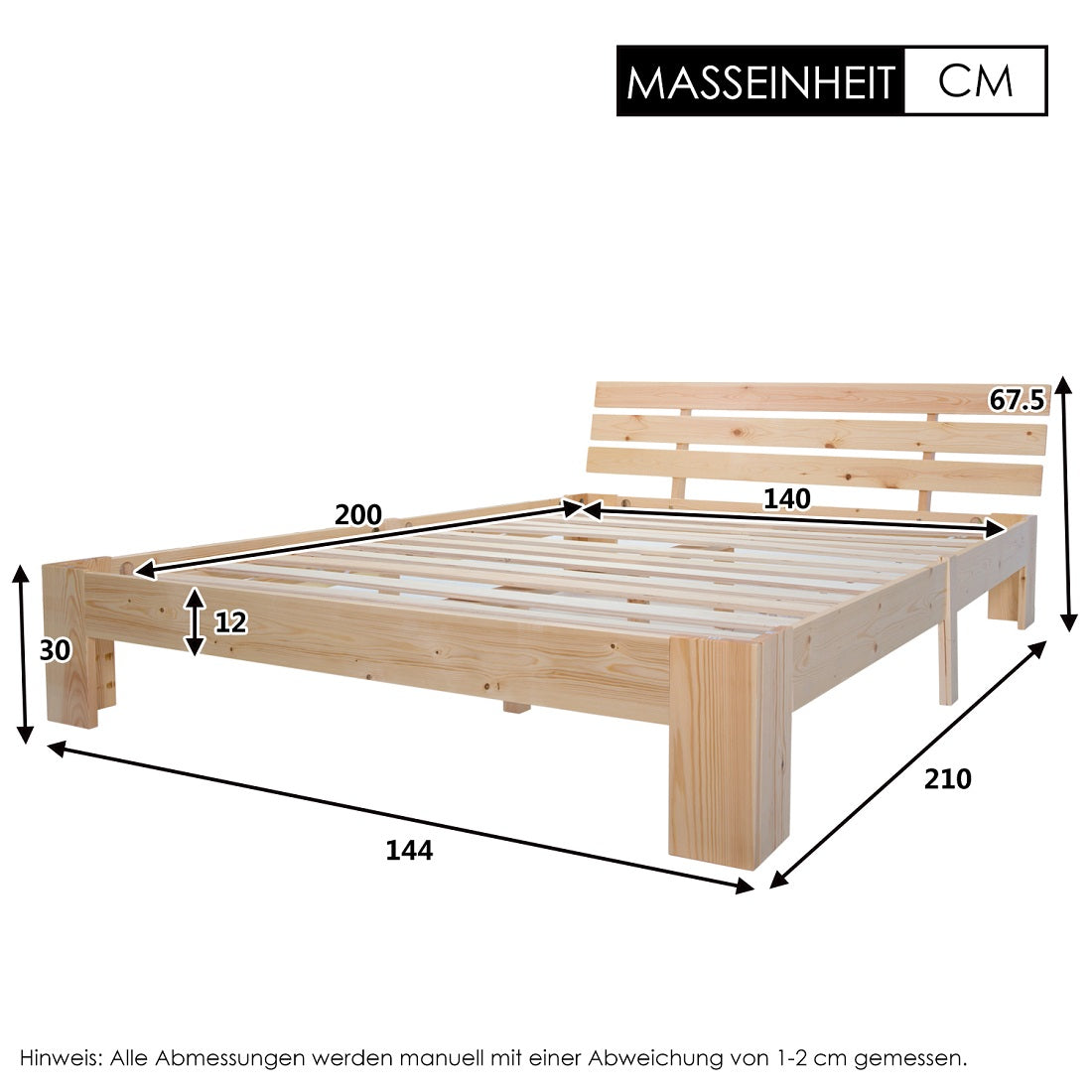 Logidon massief houten tweepersoonsbed 140x200 naturel hoofdbord lattenbodem