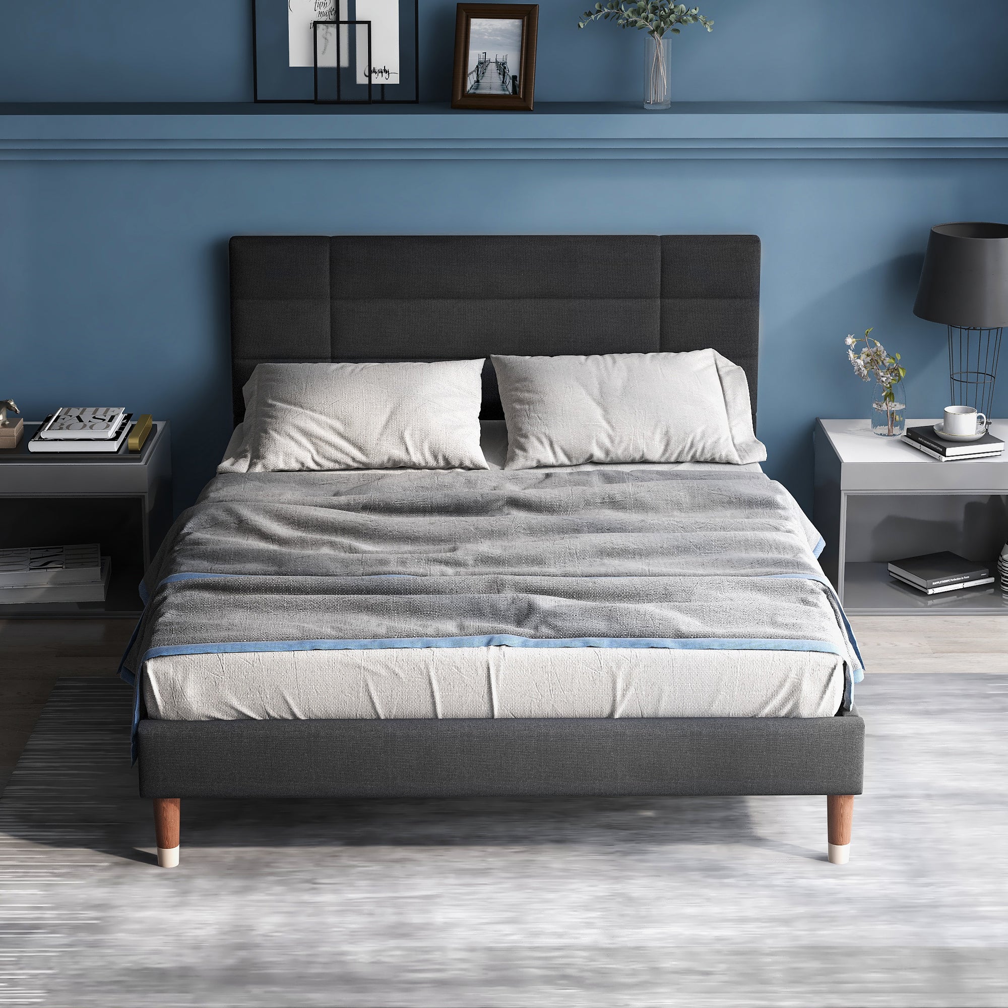 Logidon upholstered bed double bed 140x200 with slatted frame dark gray linen