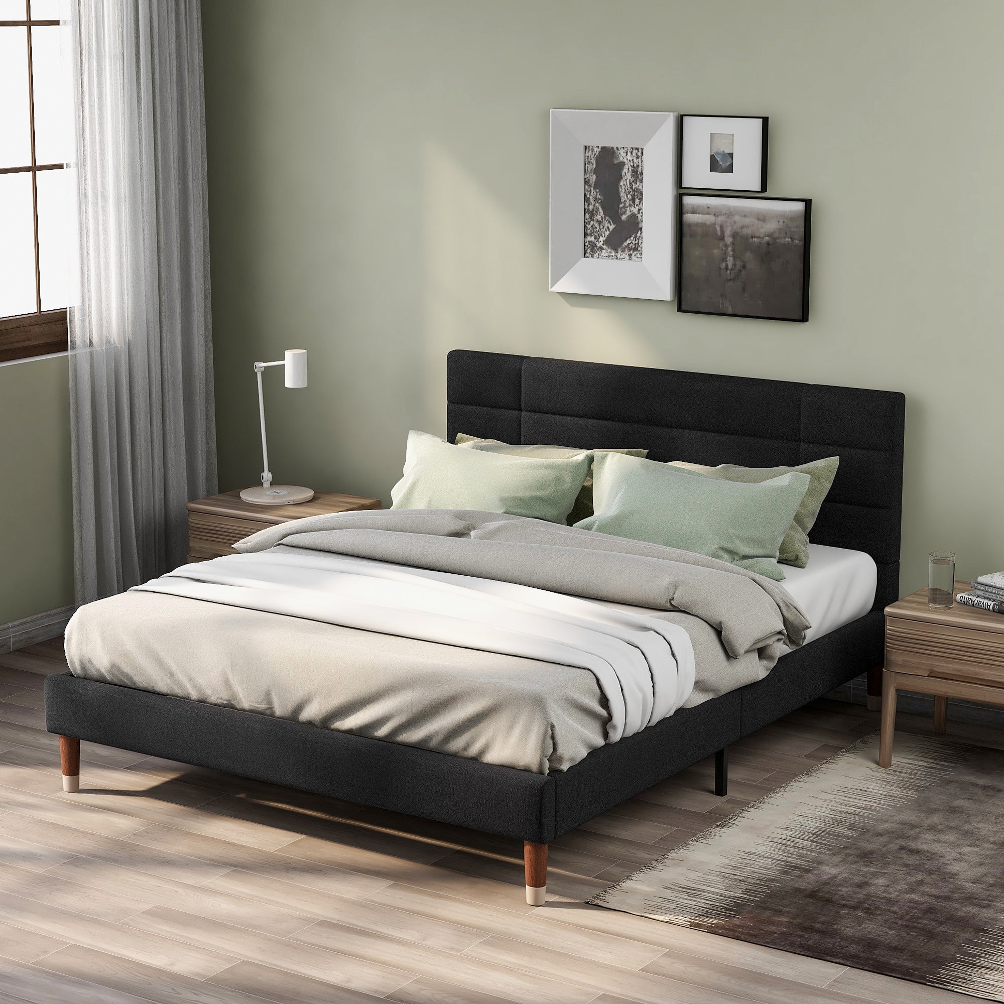 Logidon gestoffeerd bed 140x200 cm zwart linnen met hoofdeinde