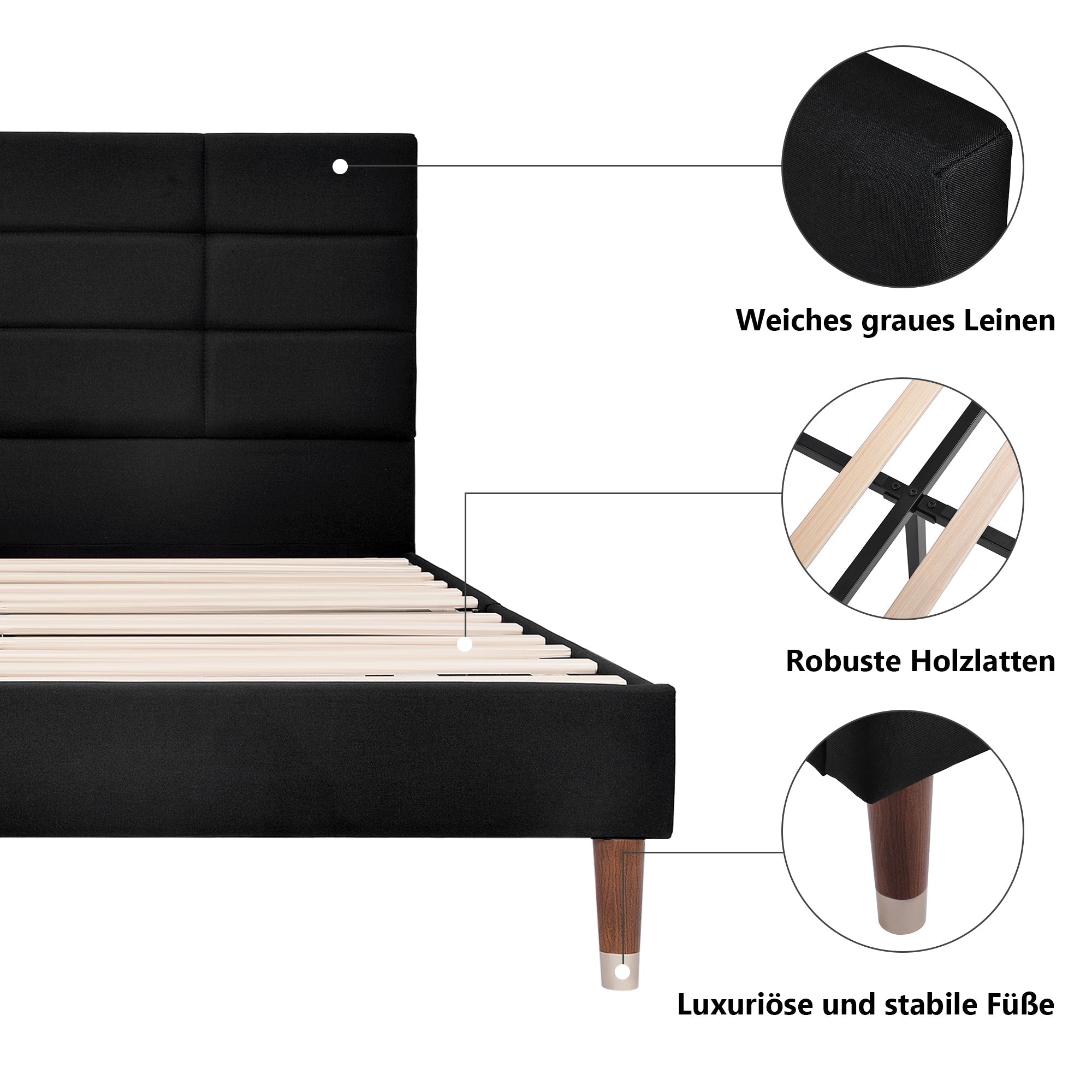 Logidon upholstered bed double bed 140x200 with slatted frame dark gray linen
