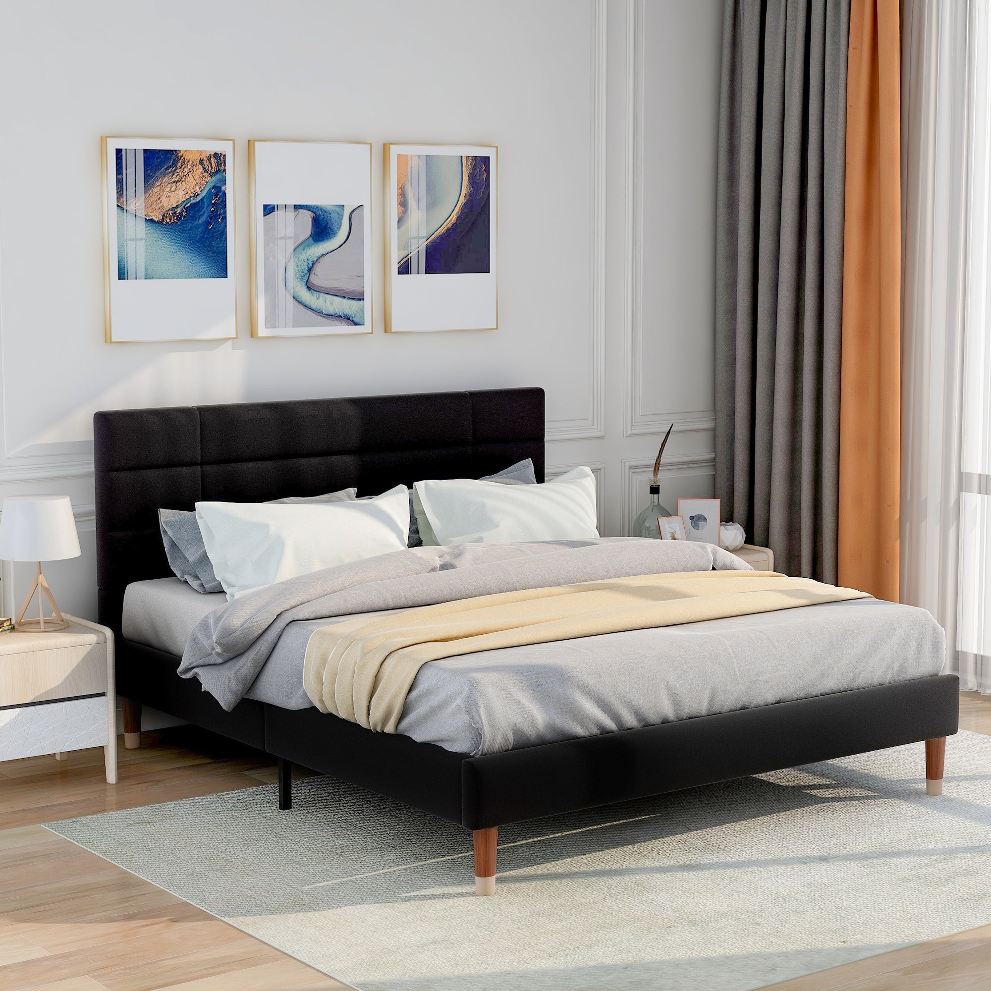 Logidon gestoffeerd tweepersoonsbed met lattenbodem 140x200 zwart linnen hoofdeinde