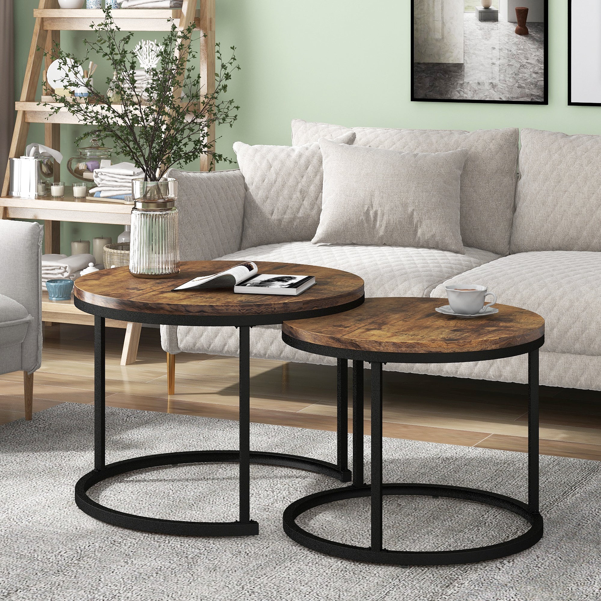 Logidon ronde salontafels set van 2 bruin nestbaar MDF
