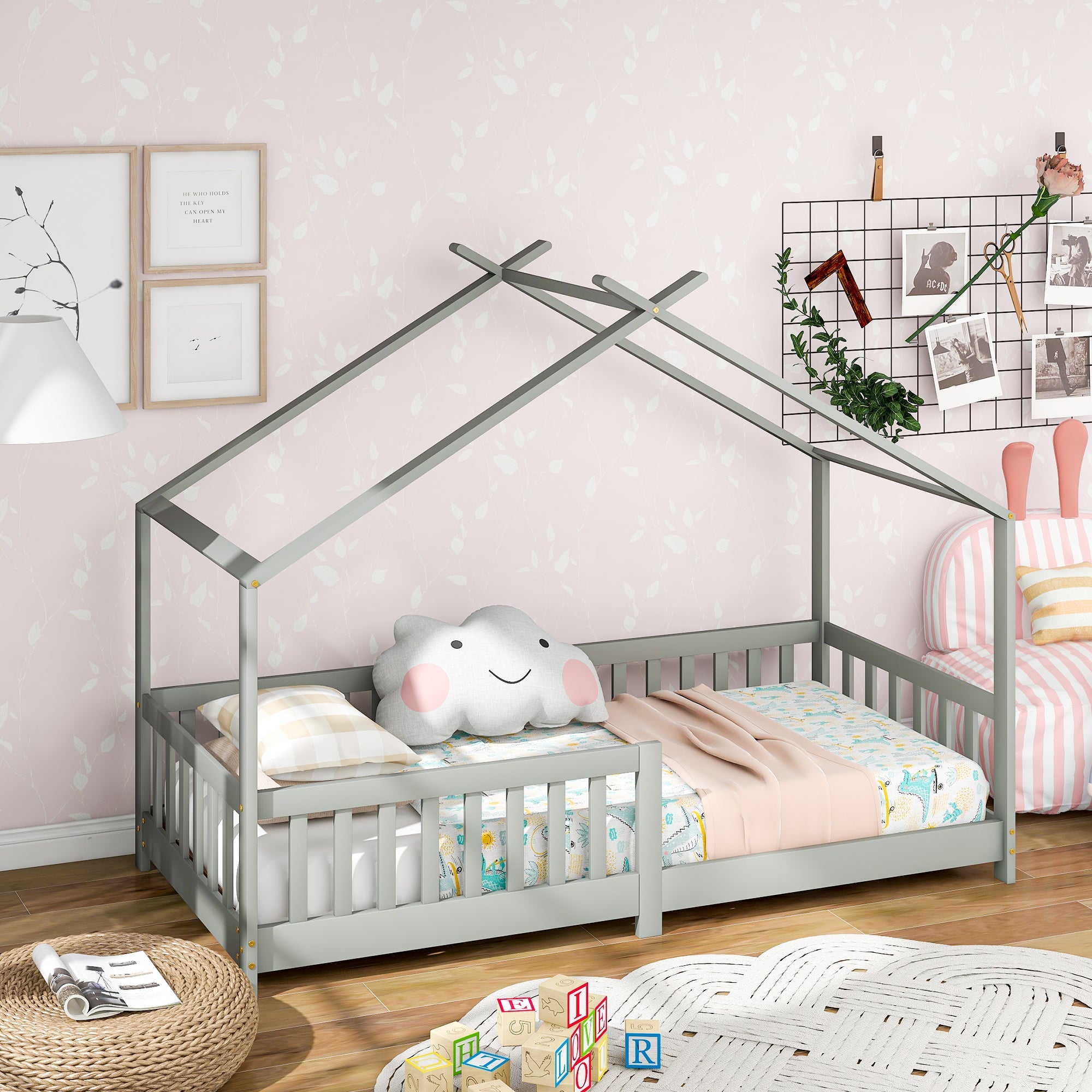 Logidon Stijlvol kinderbed 90x200 cm grijs met valbeveiliging