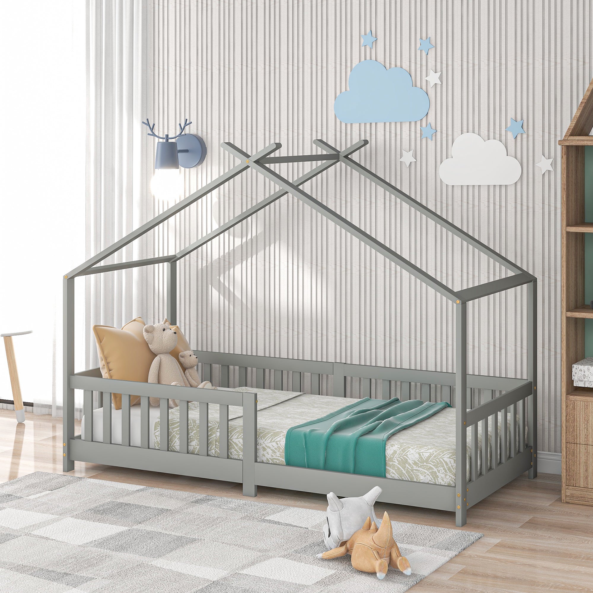 Logidon Stijlvol kinderbed 90x200 cm grijs met valbeveiliging