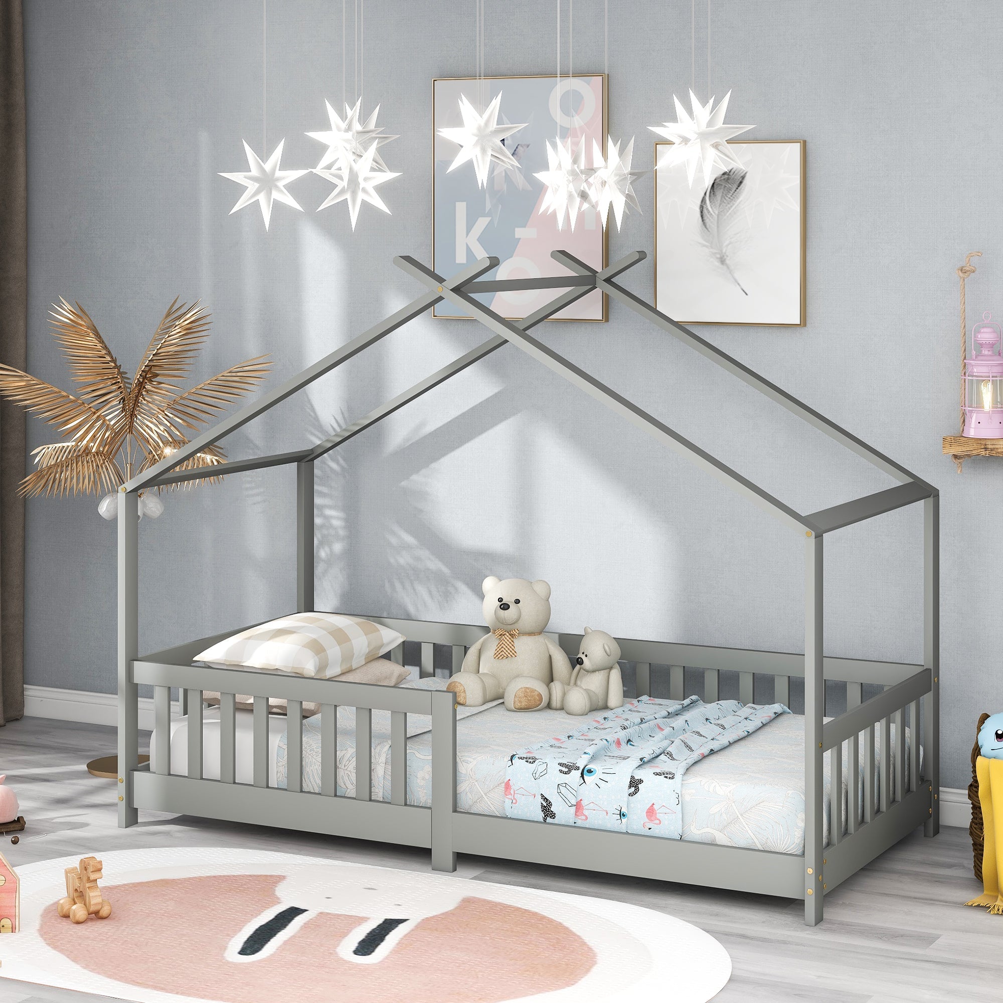 Logidon Stijlvol kinderbed 90x200 cm grijs met valbeveiliging