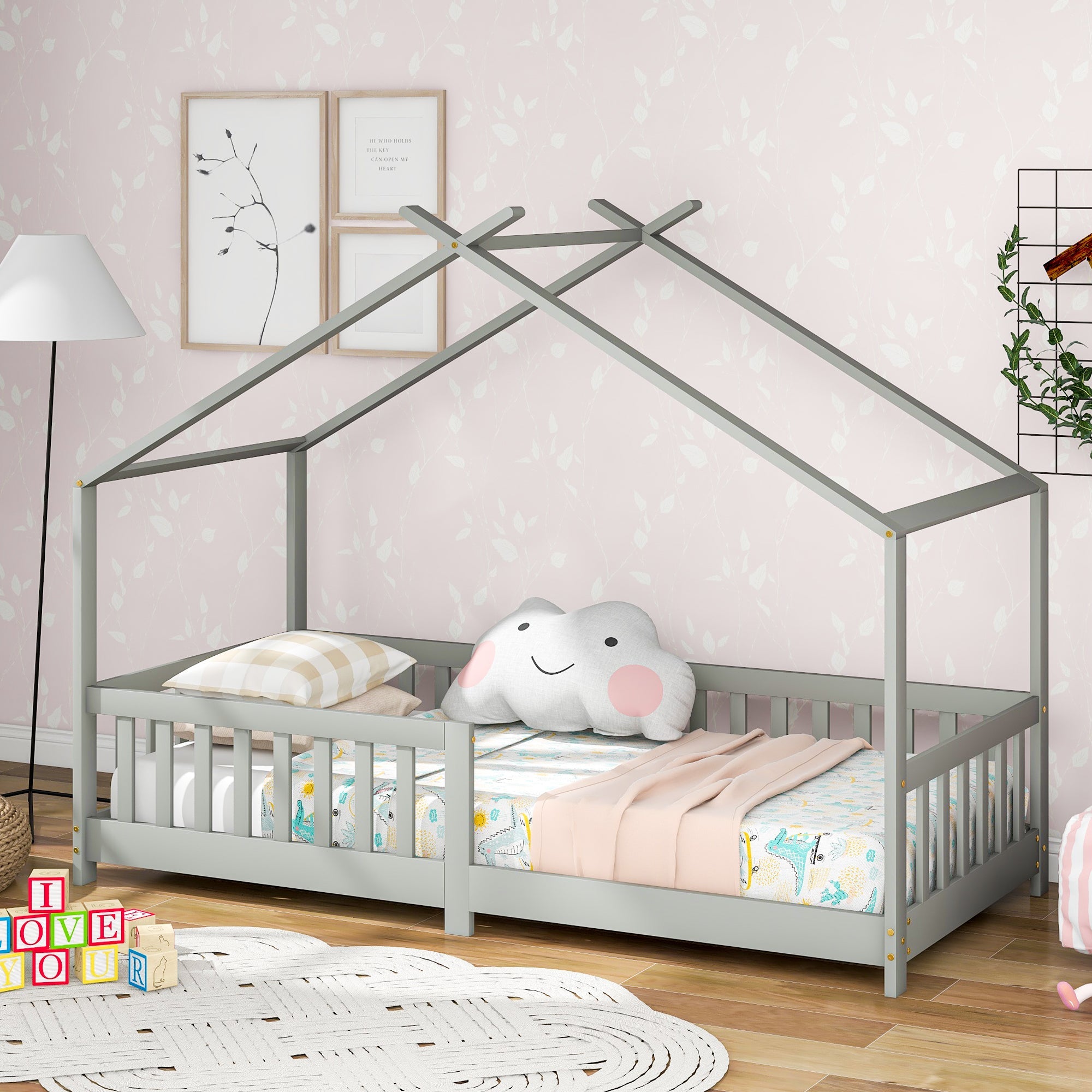 Logidon Stijlvol kinderbed 90x200 cm grijs met valbeveiliging