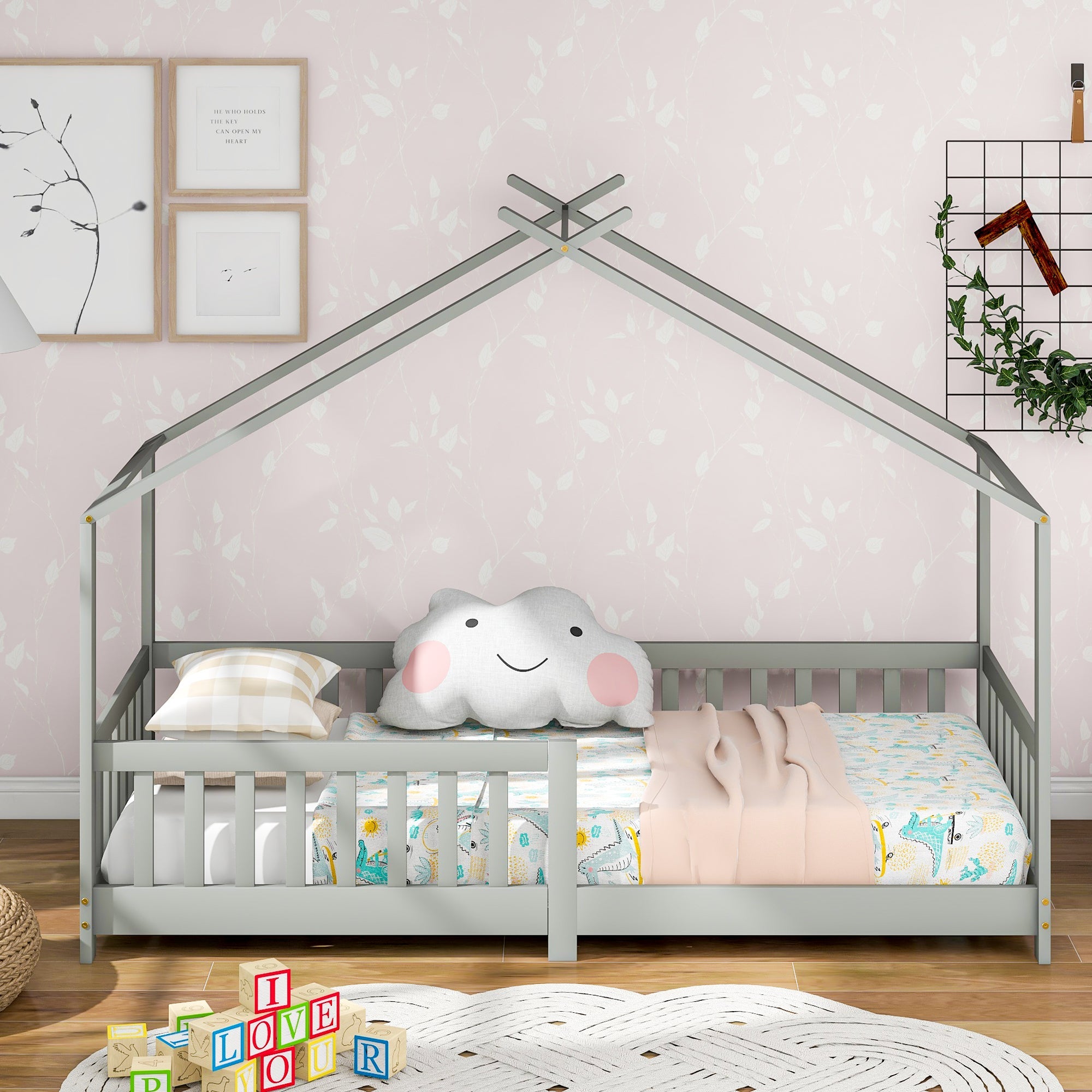Logidon Stijlvol kinderbed 90x200 cm grijs met valbeveiliging