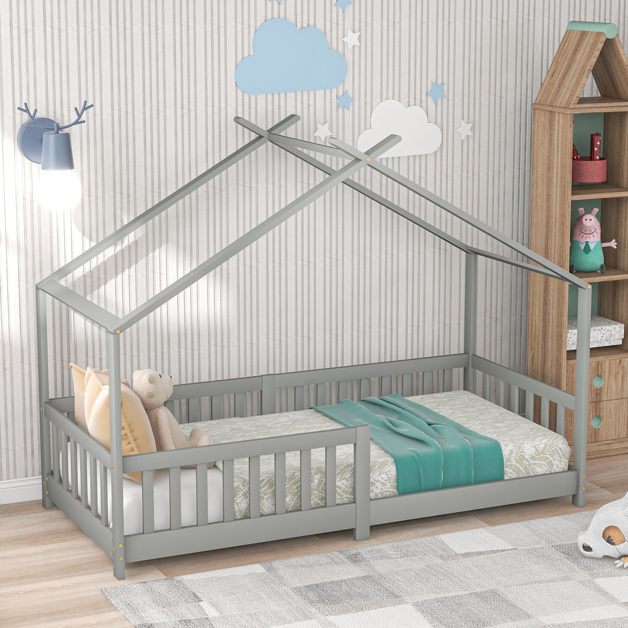 Logidon Stijlvol kinderbed 90x200 cm grijs met valbeveiliging
