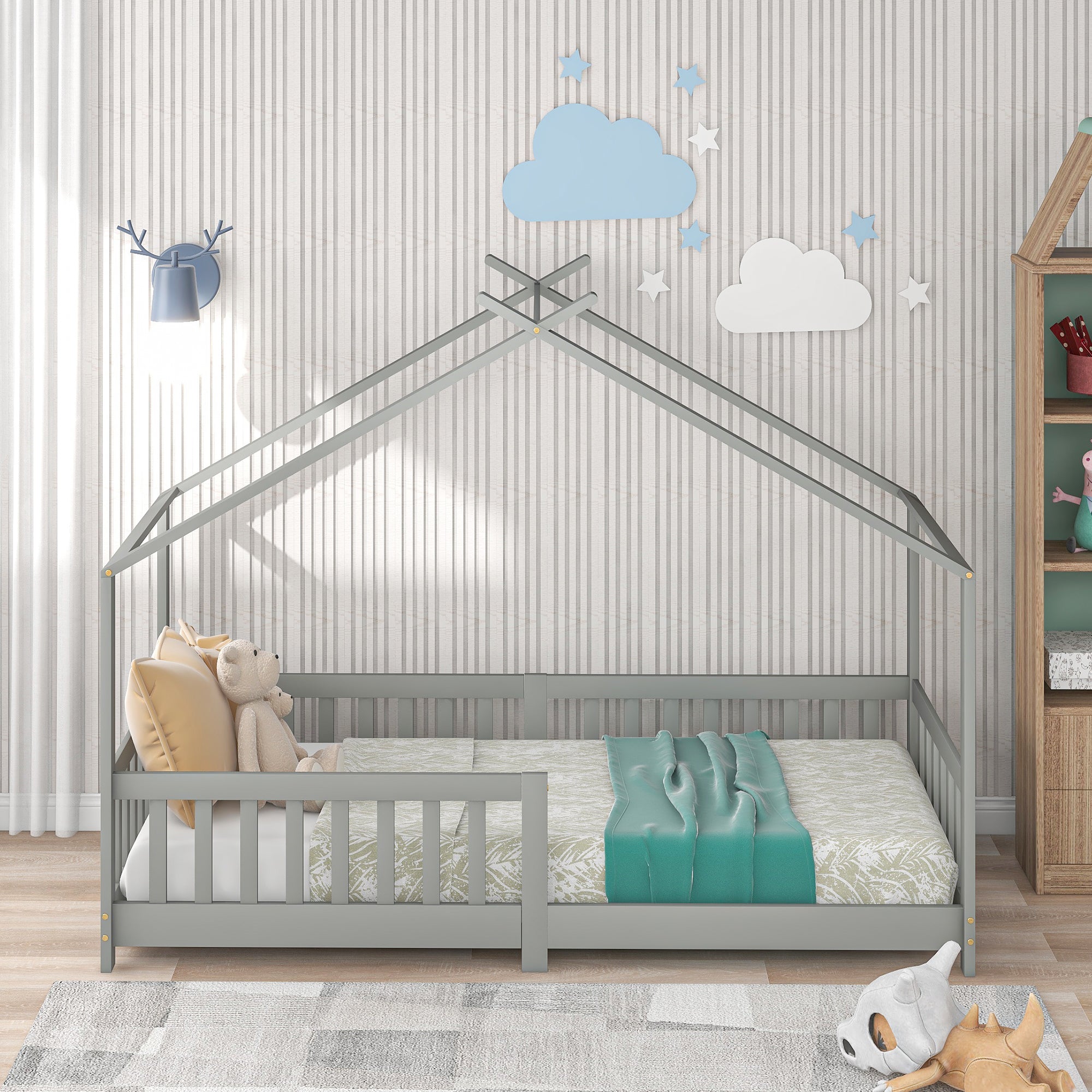 Logidon Stijlvol kinderbed 90x200 cm grijs met valbeveiliging