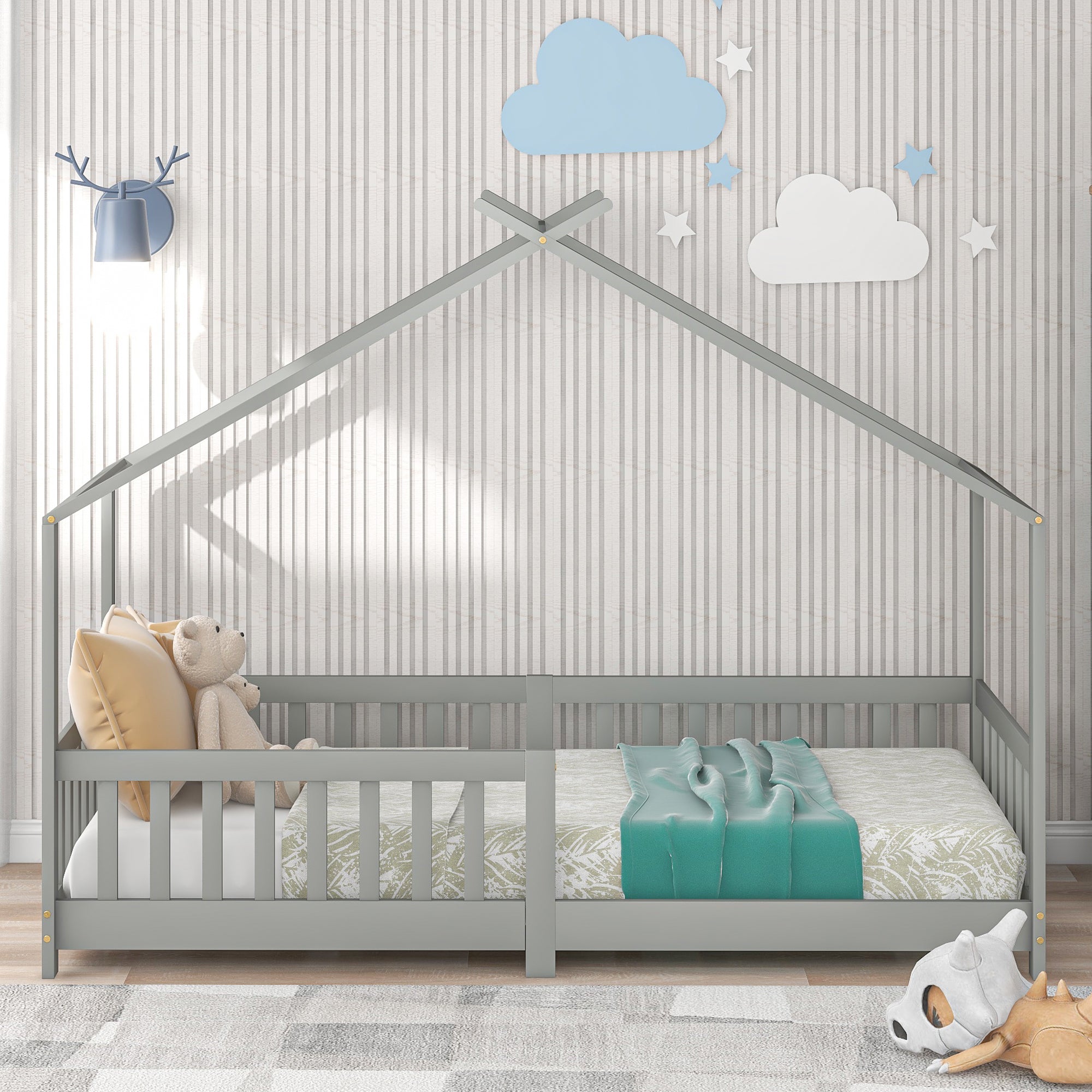 Logidon Stijlvol kinderbed 90x200 cm grijs met valbeveiliging